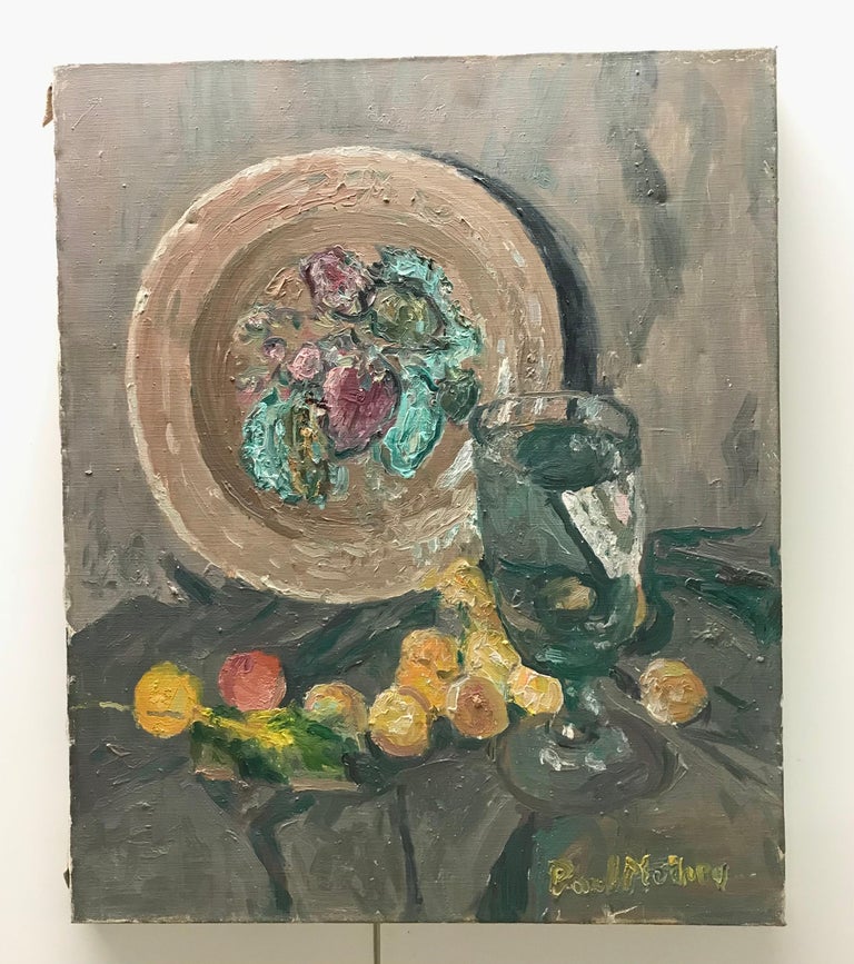 Still life with Mirabelle plums - Painting by Paul Mathey