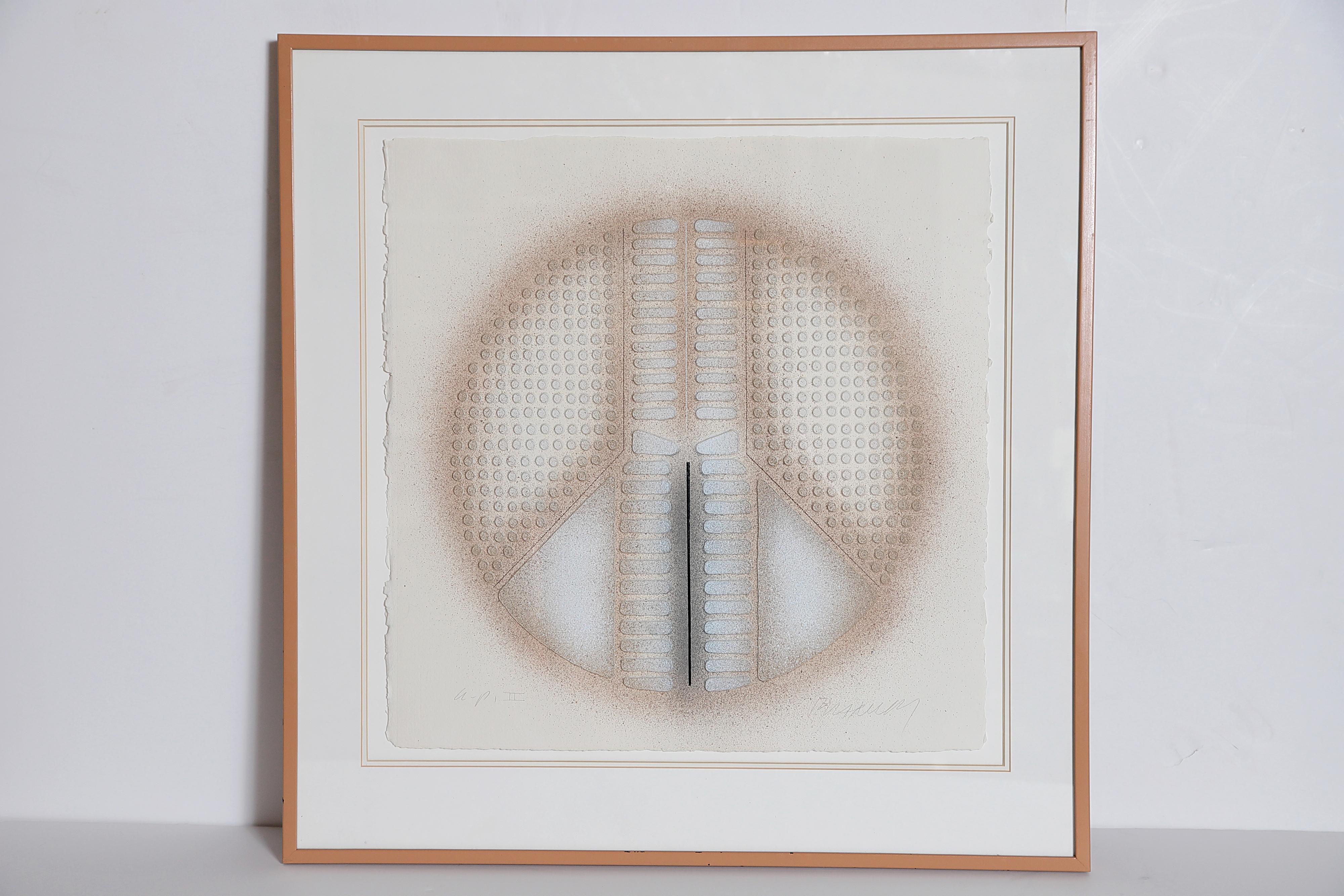 A 1970s Paul Maxwell (1925-2015) textured print (stencil-casting) peace sign sculpture, silver / grays and bronze / browns, earth-tones, framed, artist's proof, marked AP lower left, signed lower right

23
