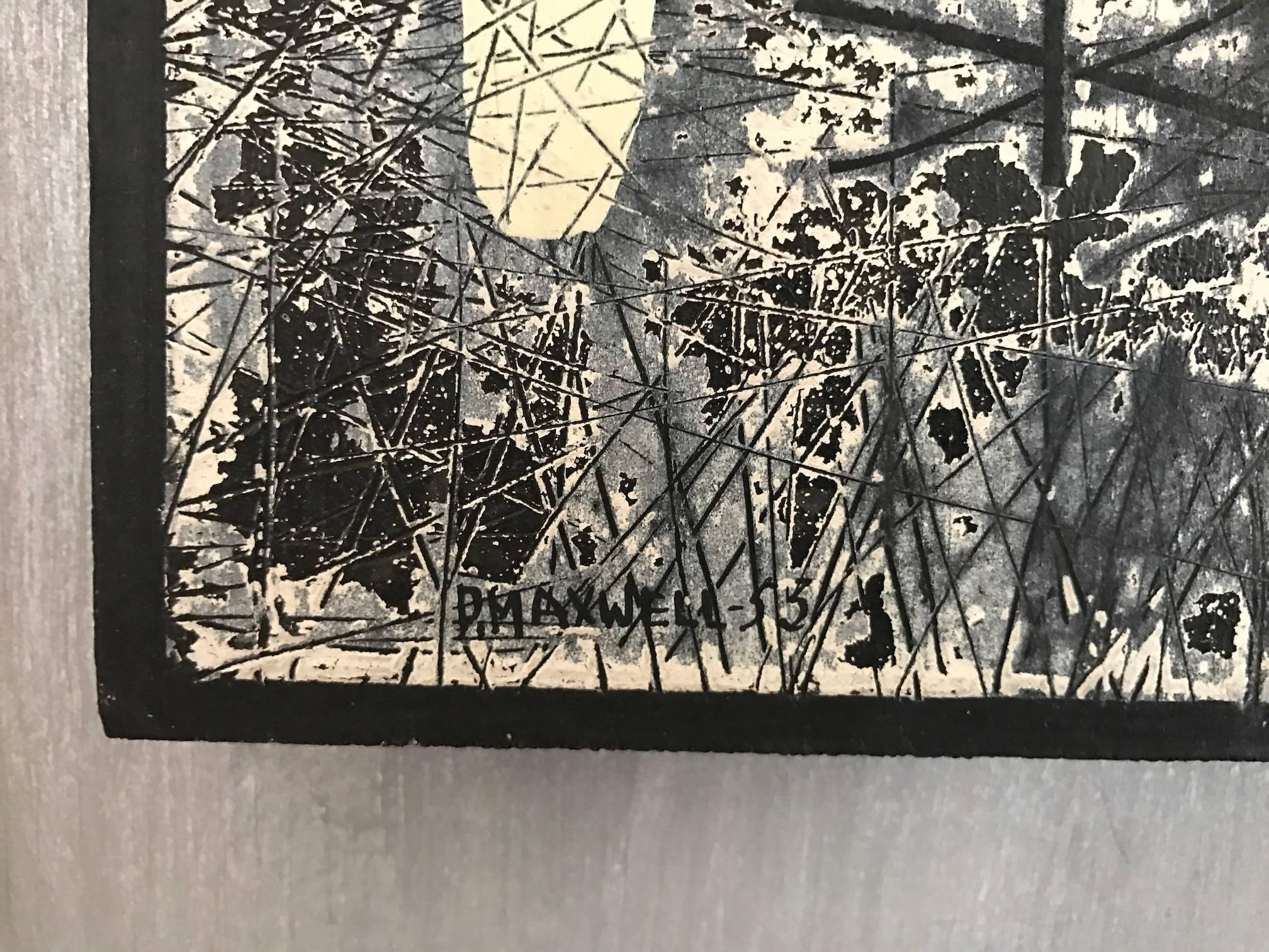 Early abstract painting done by Paul Maxwell in 1955 in black, gray, and cream tones titled 