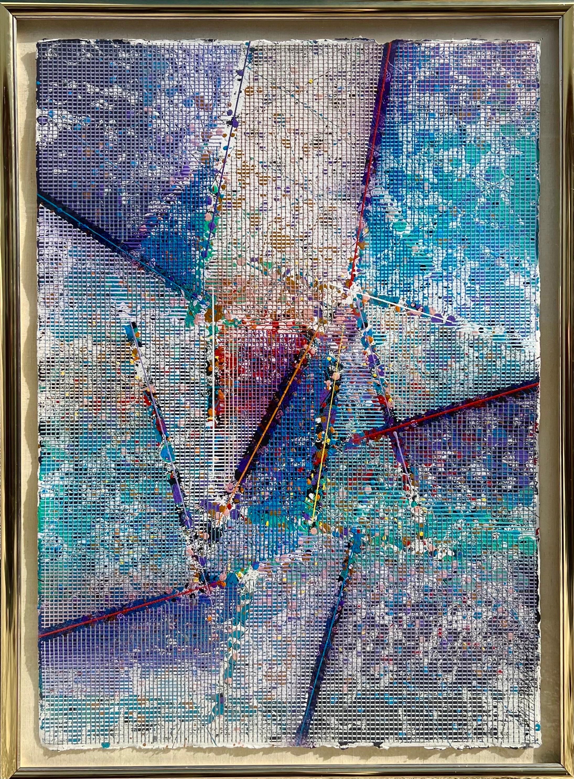 Grand tableau moderne abstrait aux pochoirs en fonte Paul Maxwell Mod Constructivist Neon