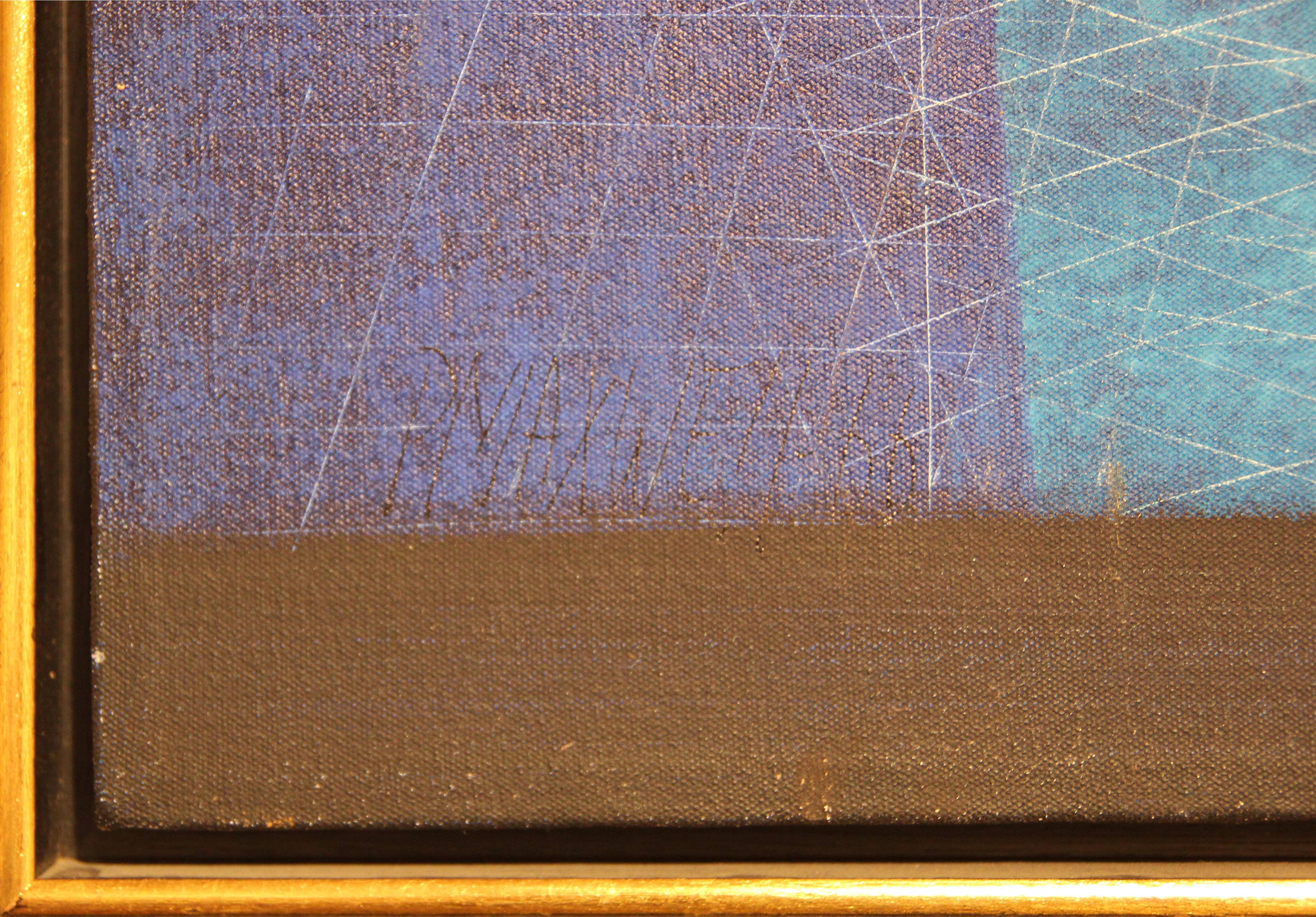 Abstract blue still life painting of bottles on top of a table. Signed and dated by the artist in the bottom left corner and currently displayed in a gold floating frame. 

Dimensions Without Frame: H 24 in. x  W 28 in. 

Artist Biography : Paul