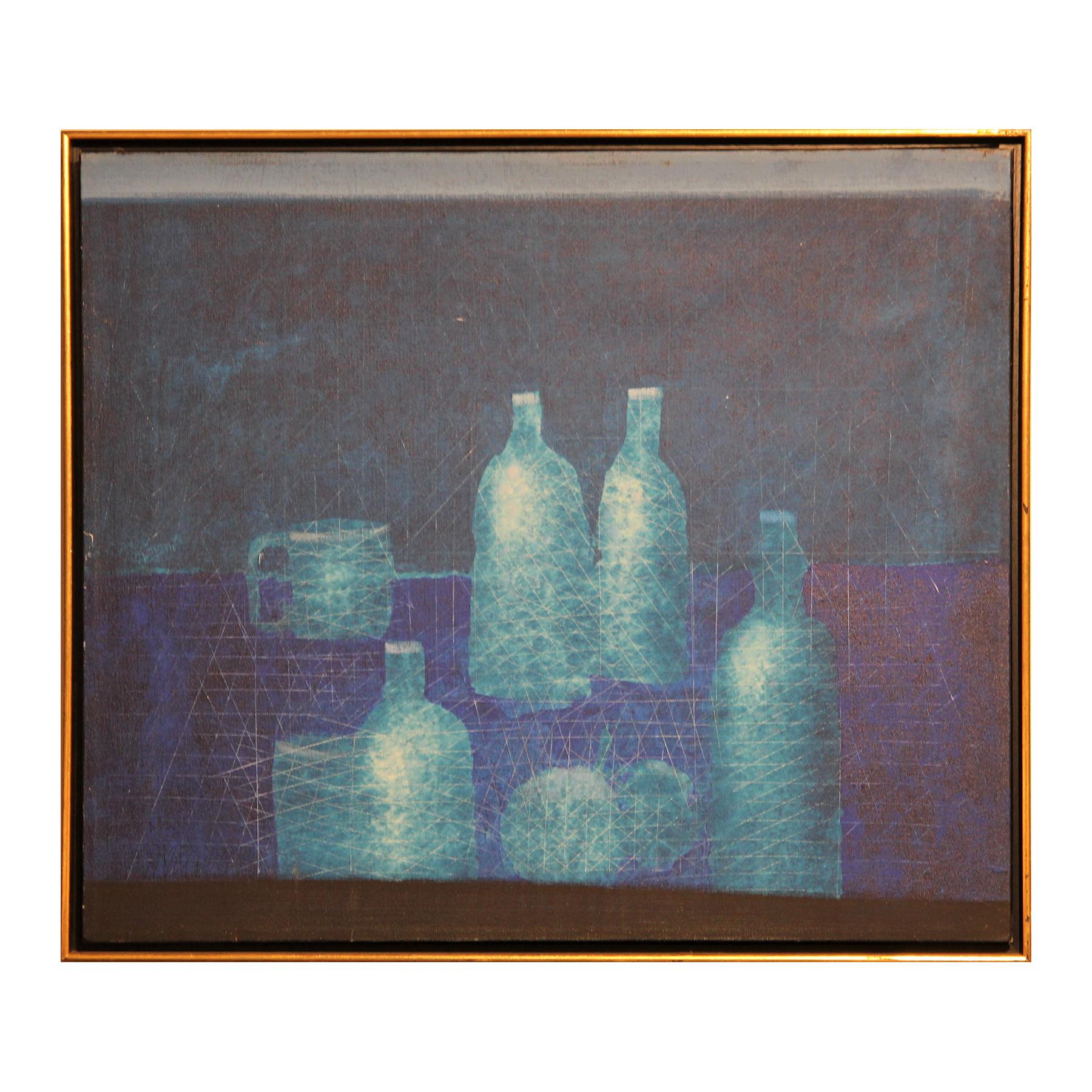 Paul Maxwell Abstract Painting - Modern Abstract Expressionist Blue Still Life with Bottles Painting