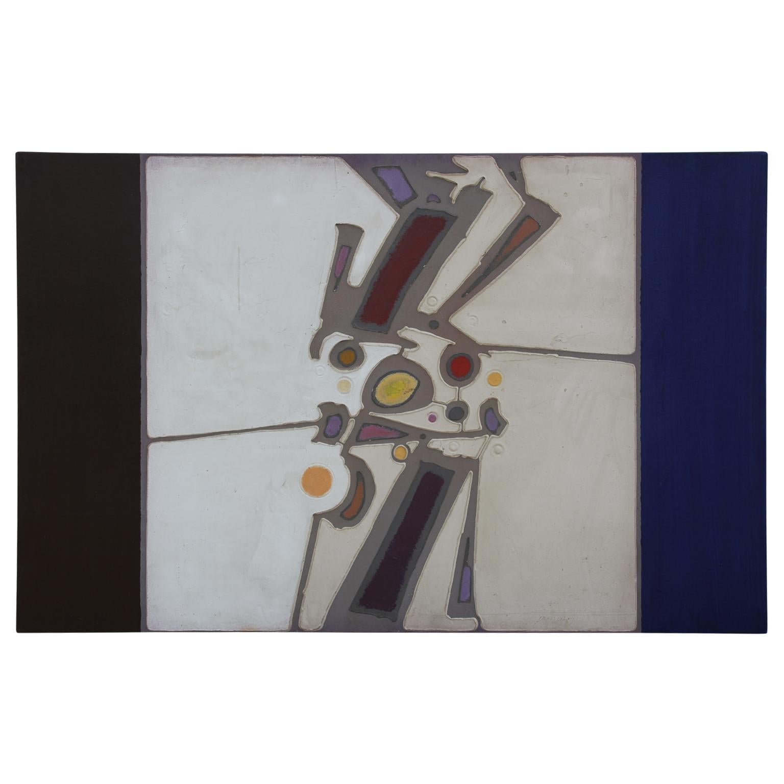 Geometric modern style painting with shapes suspended in a white background. The white background and the shapes are elevated off of the surface of the board. The painting is signed and dated by the artist in the bottom corner. The piece is not