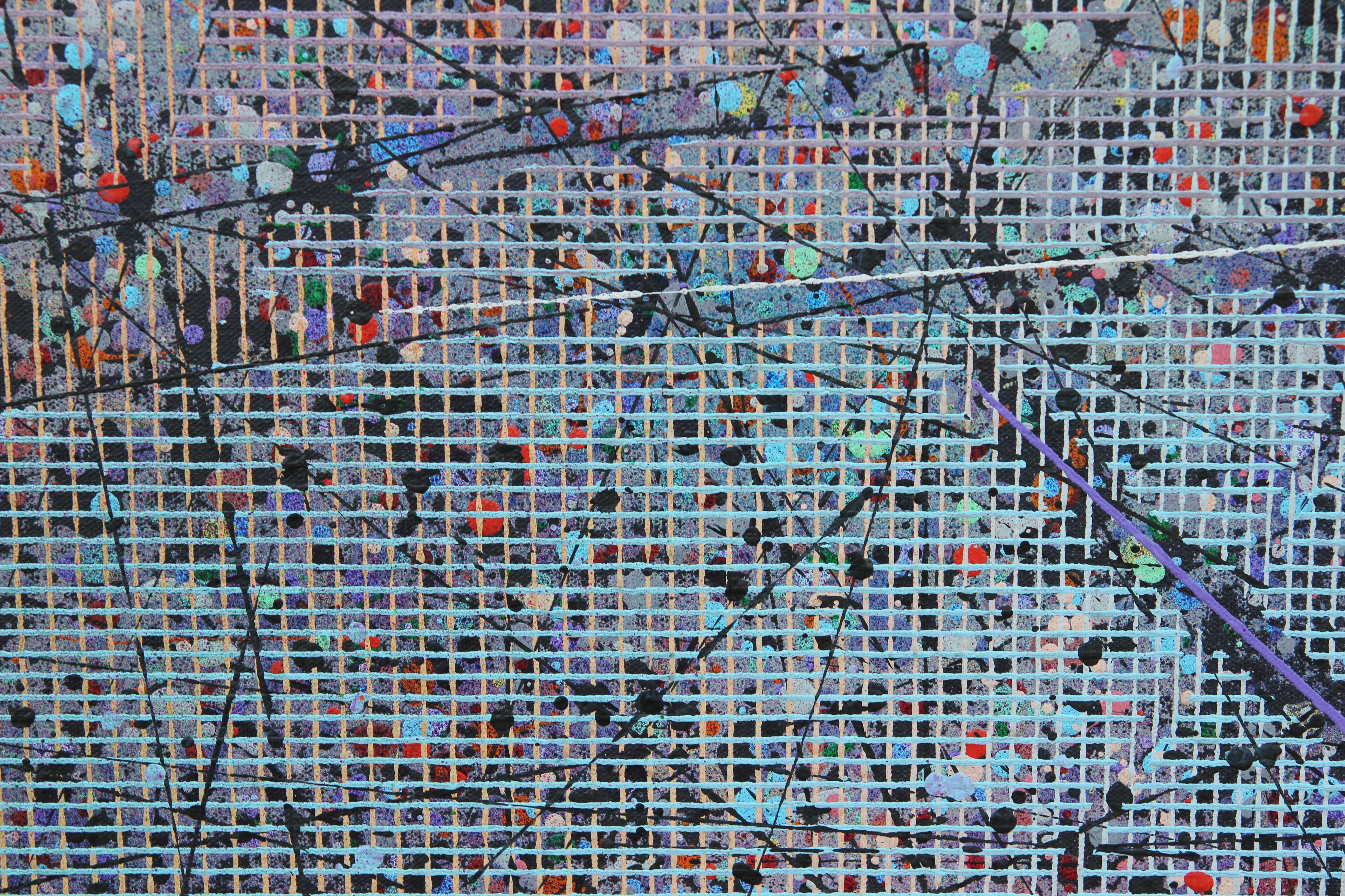 Large purple and blue tonal linear abstract painting was done in an expressionist style. Within the work is a network of grids, a style known to be used by Paul Maxwell. The piece is signed, titled and dated on the back of the board. The work is not