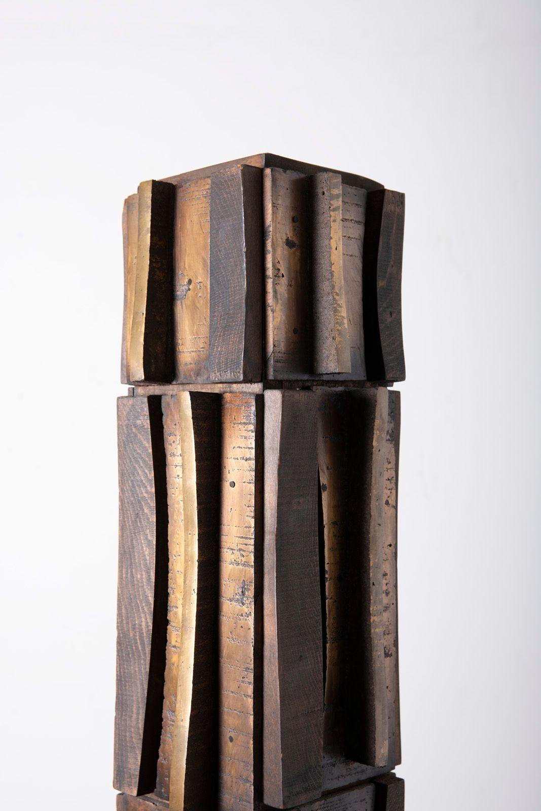 Paul Maxwell Rare Sand Cast Bronze & Wood Brutalist Totem Sculpture 1967 For Sale 2