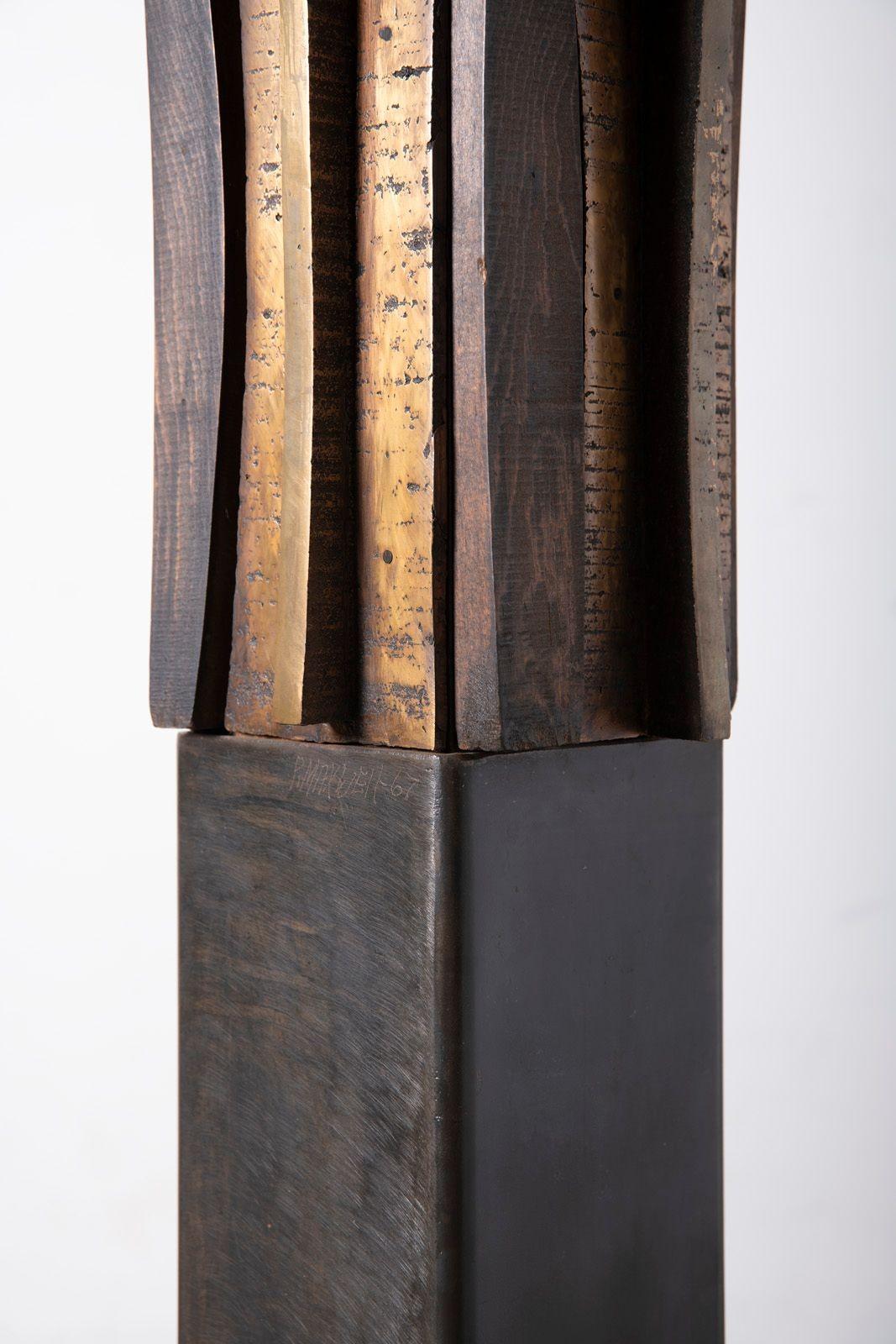 Paul Maxwell Rare Sand Cast Bronze & Wood Brutalist Totem Sculpture 1967 For Sale 4