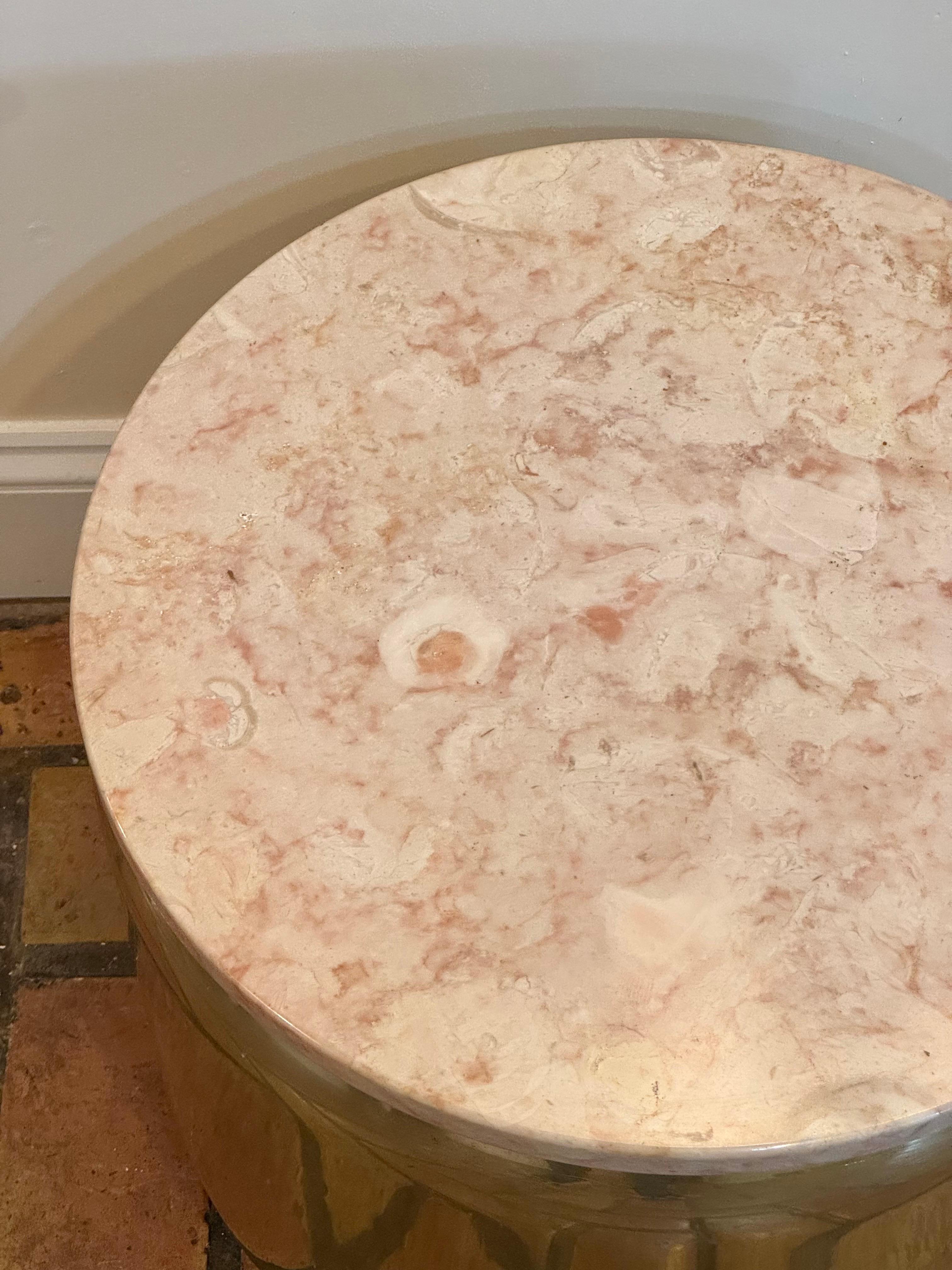 Paul Mayen for Habitat Round Brass Table with Pink Marble Top For Sale 6