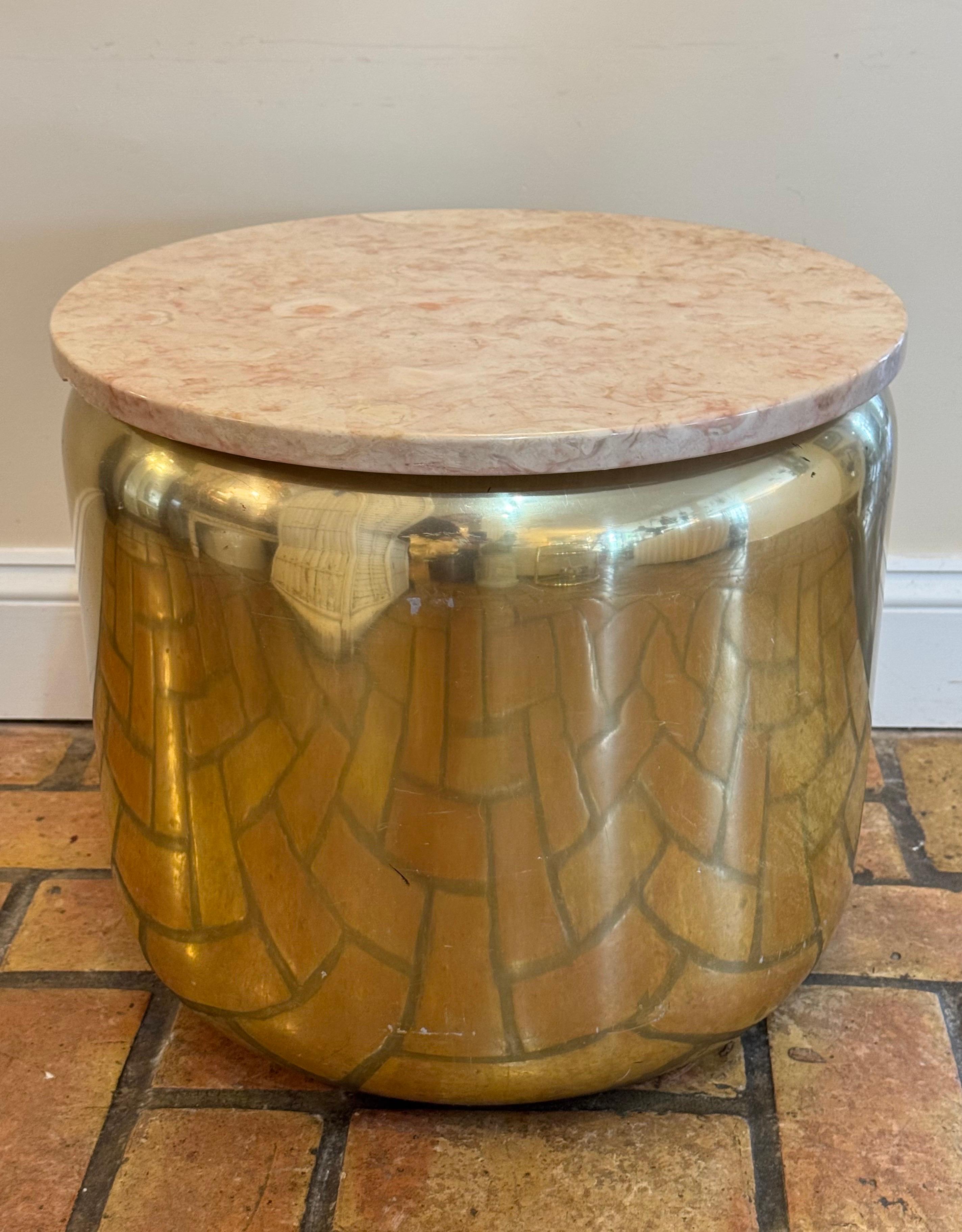 Paul Mayen for Habitat Industrial Round Brass Table with Pink Marble Top. Perfect side table or end table. Loose Marble top has been married to it . Not original.
