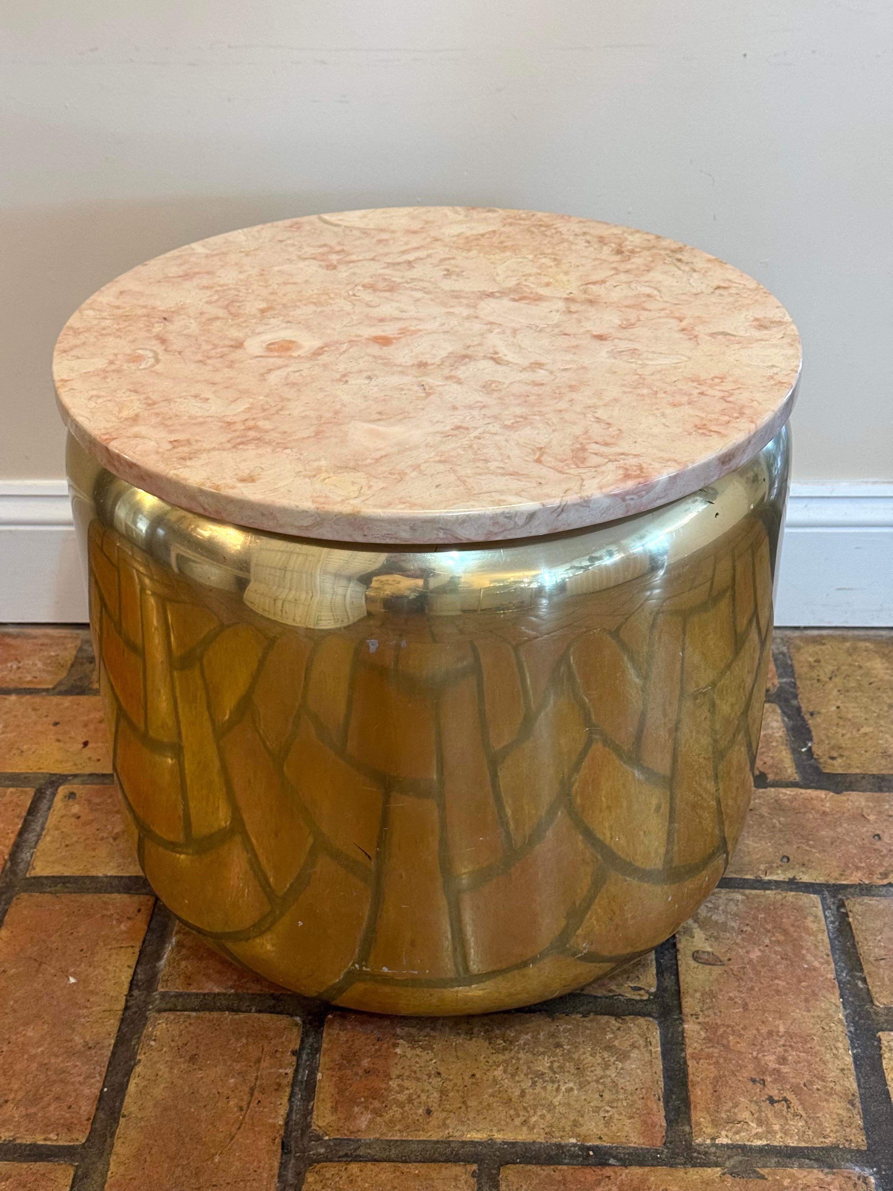 American Paul Mayen for Habitat Round Brass Table with Pink Marble Top For Sale