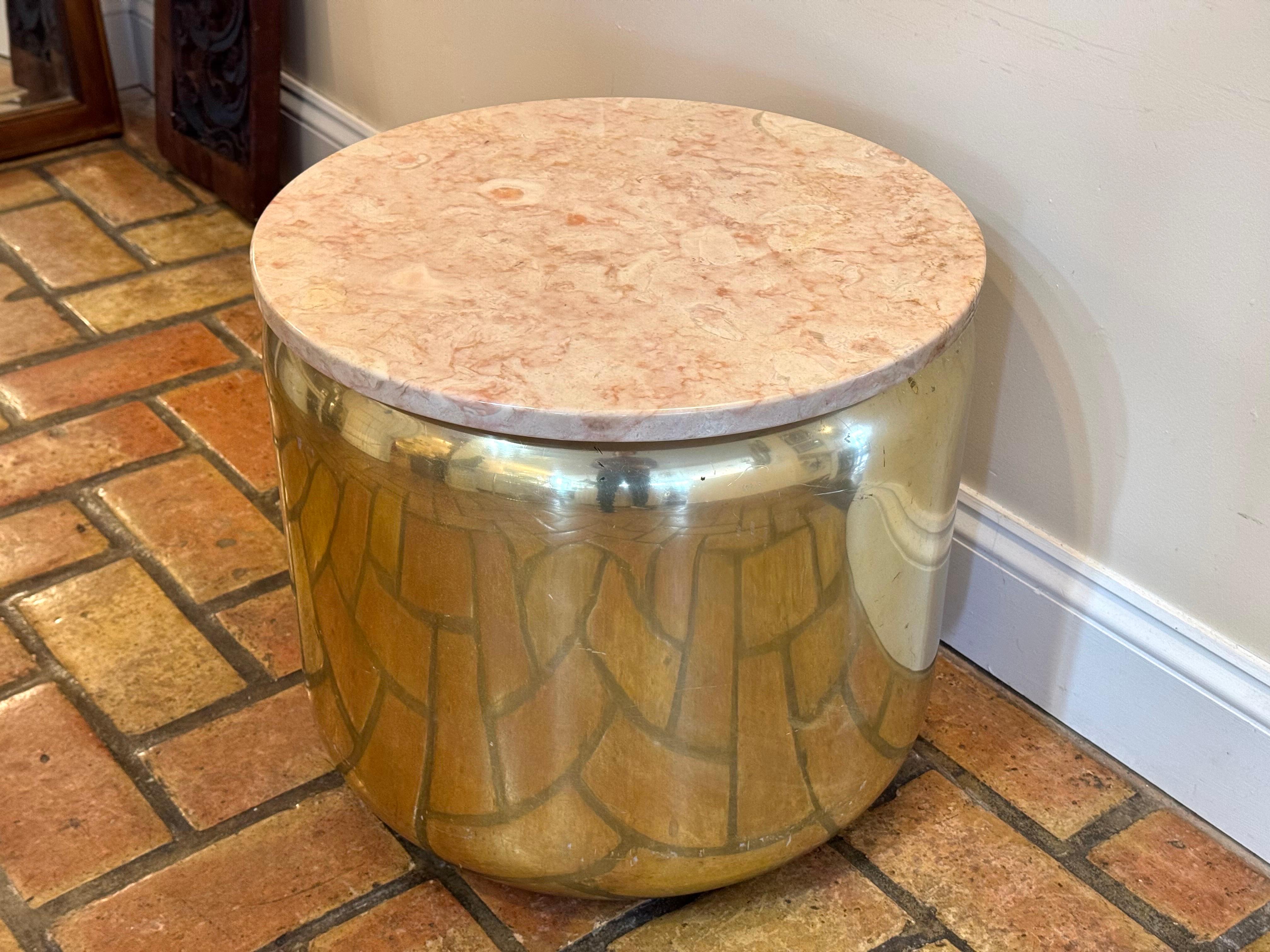 Late 20th Century Paul Mayen for Habitat Round Brass Table with Pink Marble Top For Sale