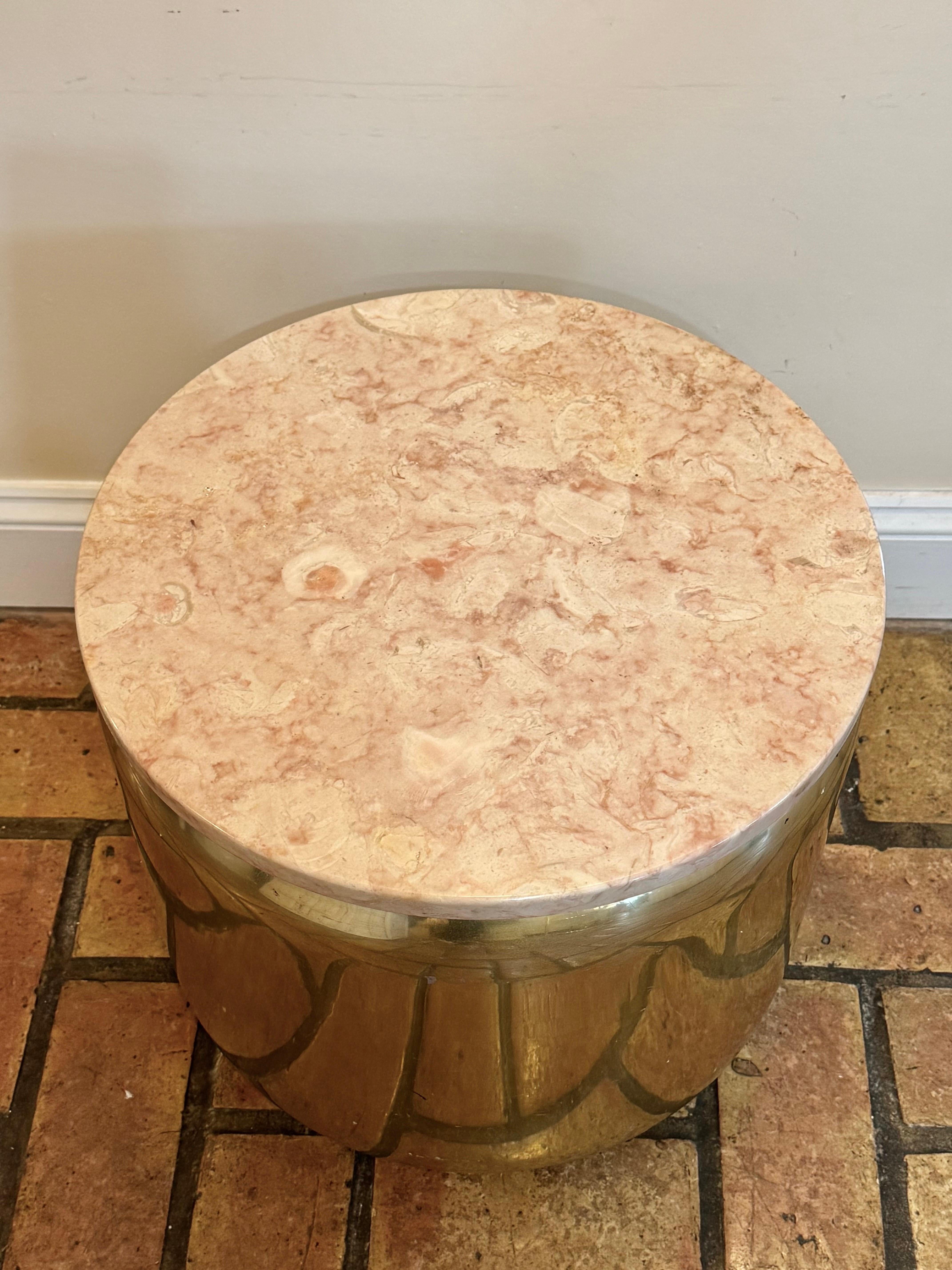 Paul Mayen for Habitat Round Brass Table with Pink Marble Top For Sale 3