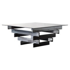 Paul Mayen Chrome Staggered Flat Bar Coffee Table with grey smoked glass 1970s