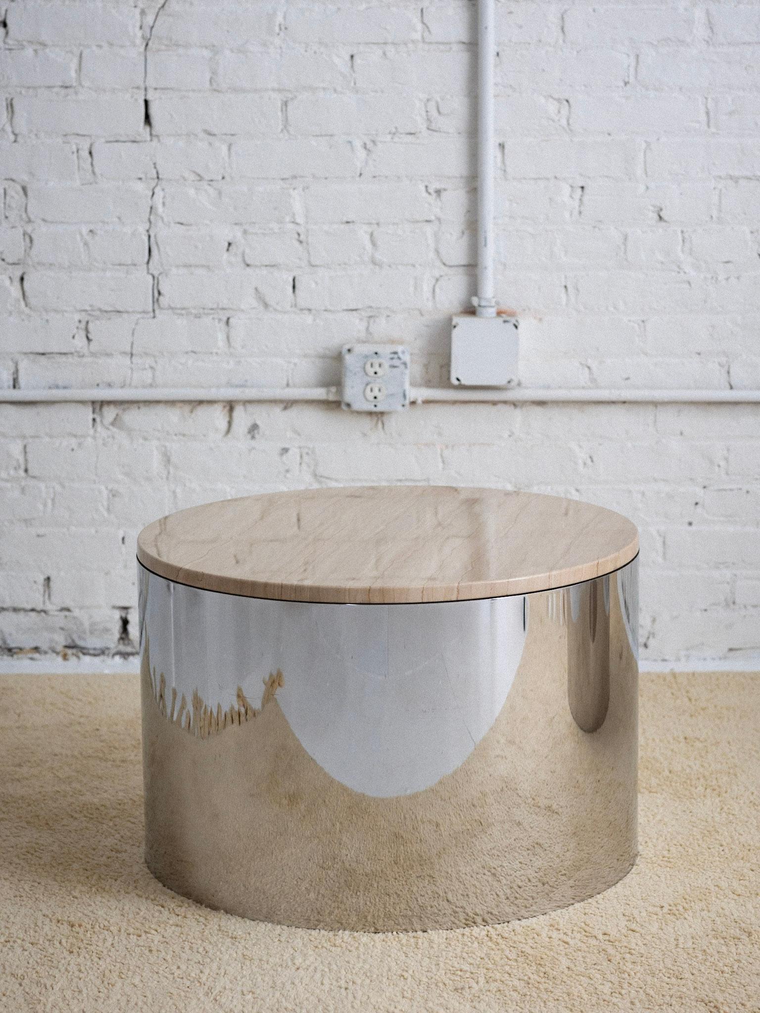 Paul Mayen for Habitat chrome drum table. Polished aluminum drum base with a beige tone polished marble top. Pair available sold separately. 