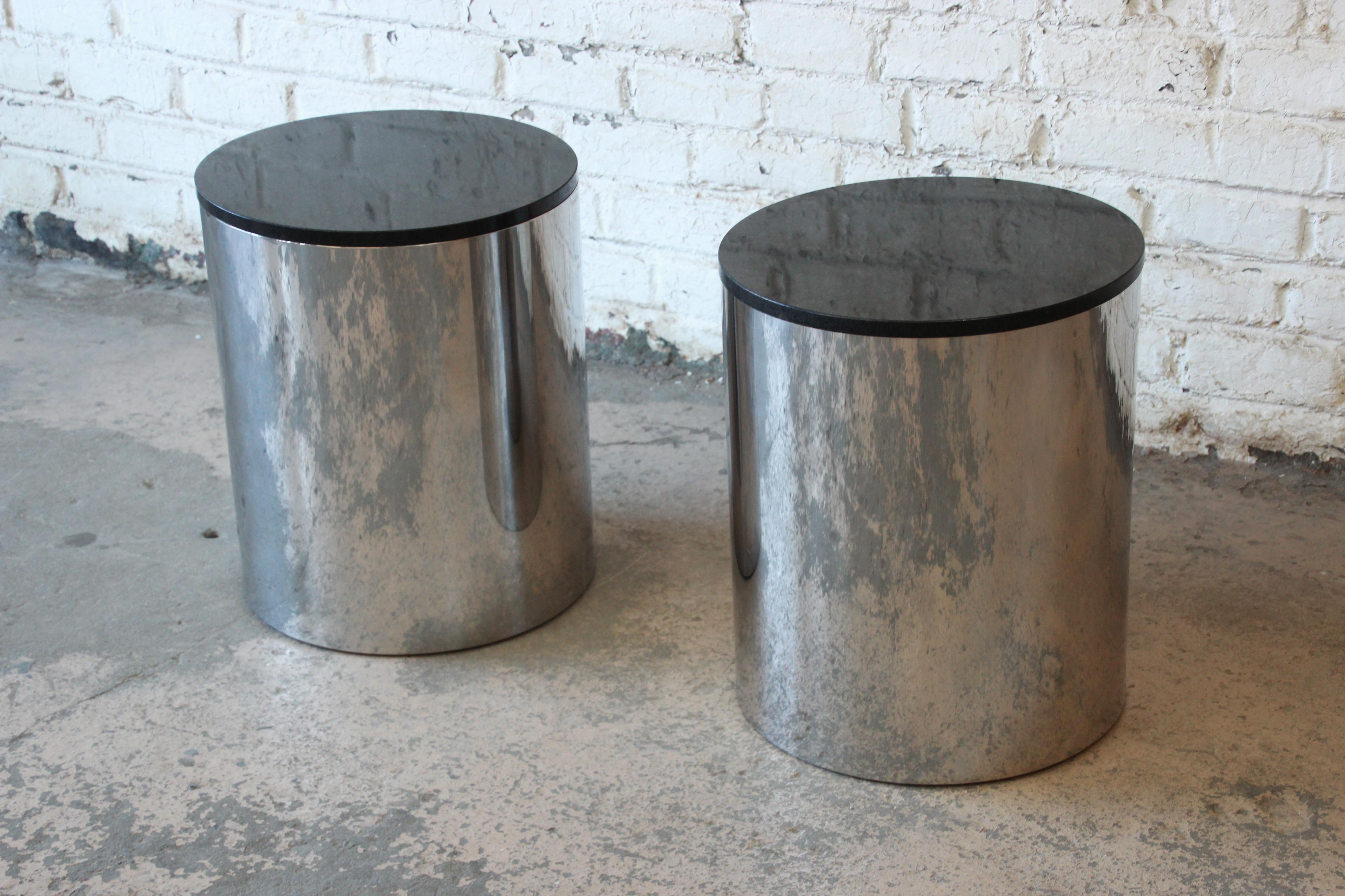 Mid-Century Modern Paul Mayen for Habitat Polished Aluminum and Black Granite Drum End Tables, Pair