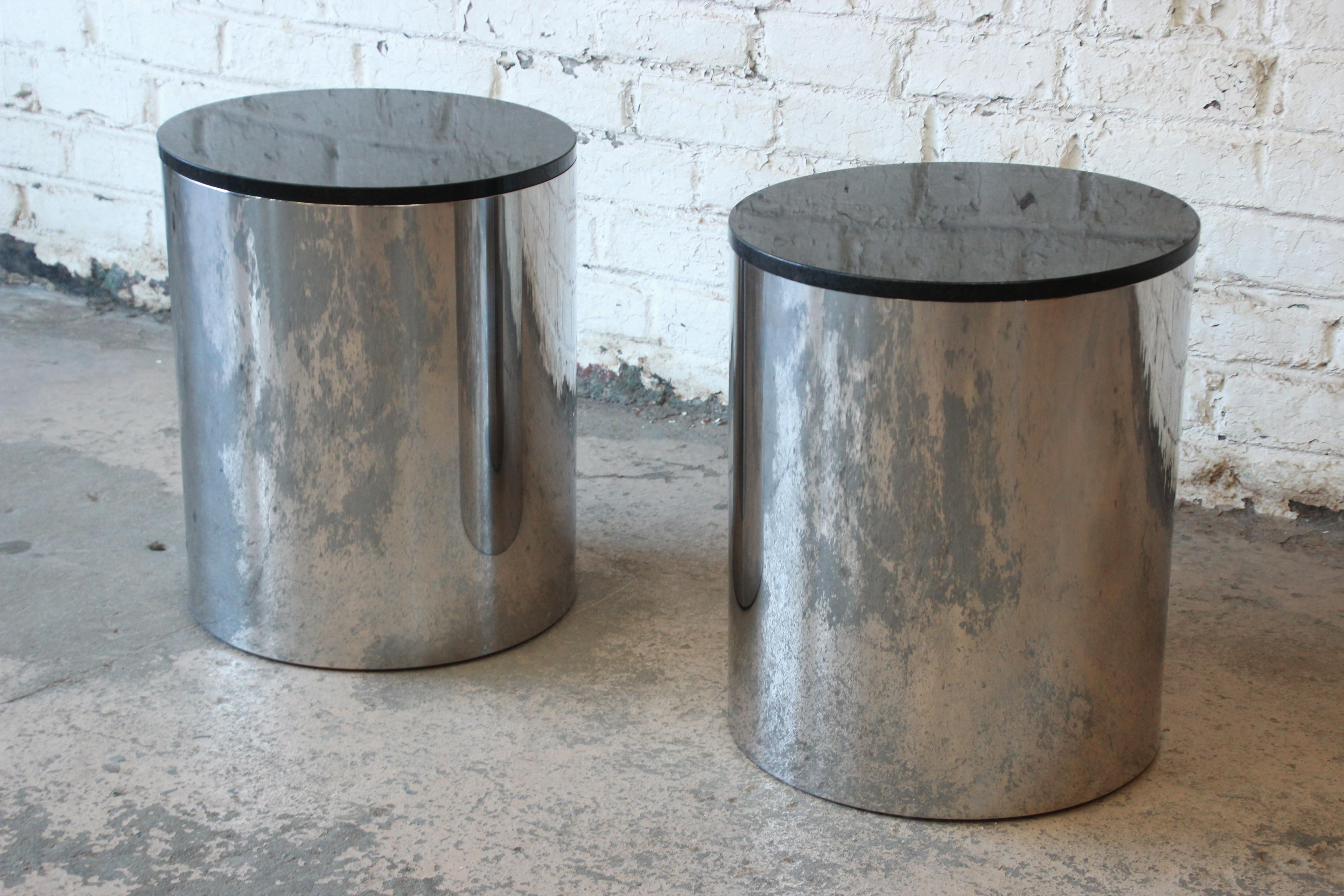 American Paul Mayen for Habitat Polished Aluminum and Black Granite Drum End Tables, Pair