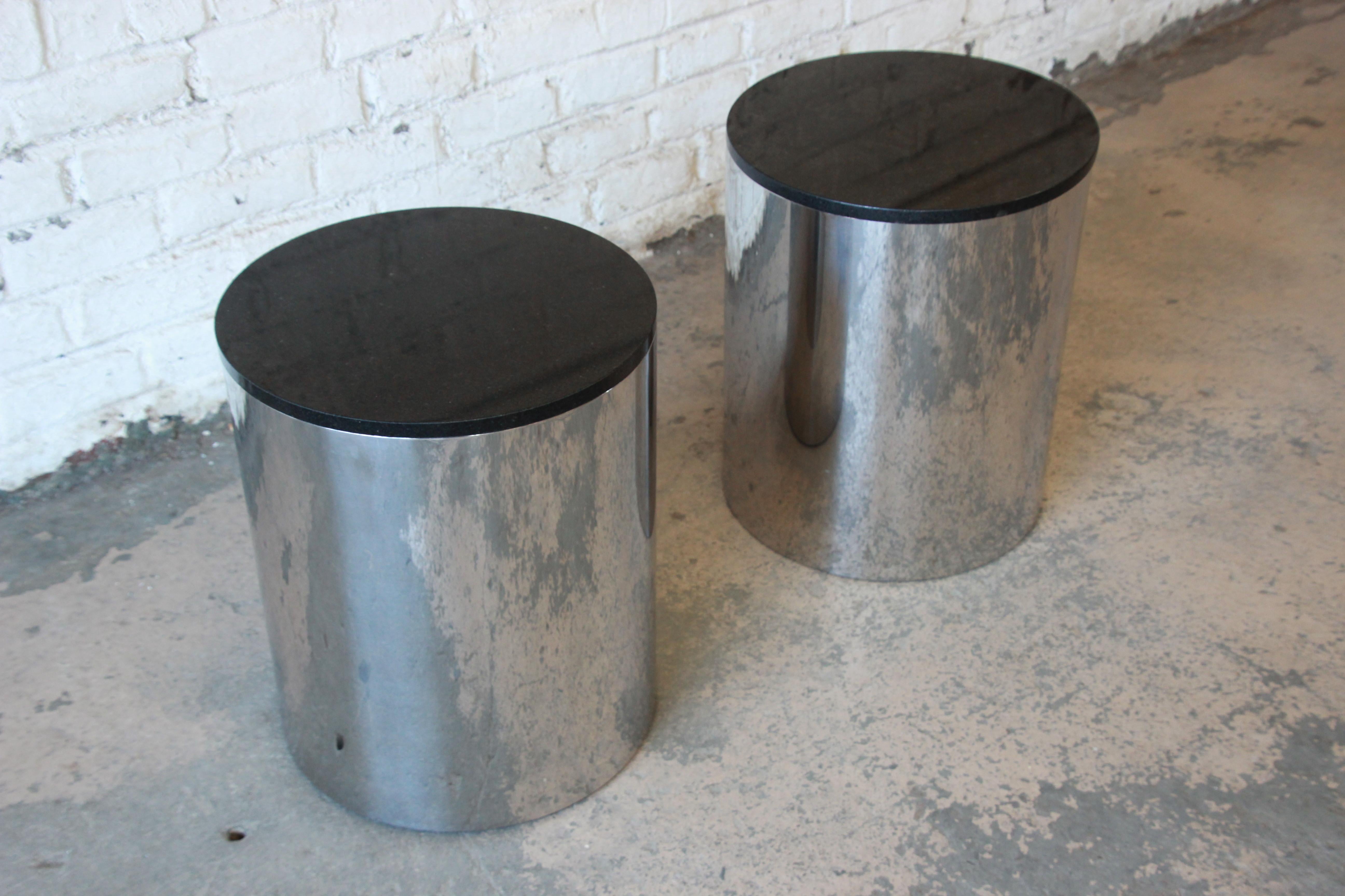 Paul Mayen for Habitat Polished Aluminum and Black Granite Drum End Tables, Pair In Good Condition In South Bend, IN