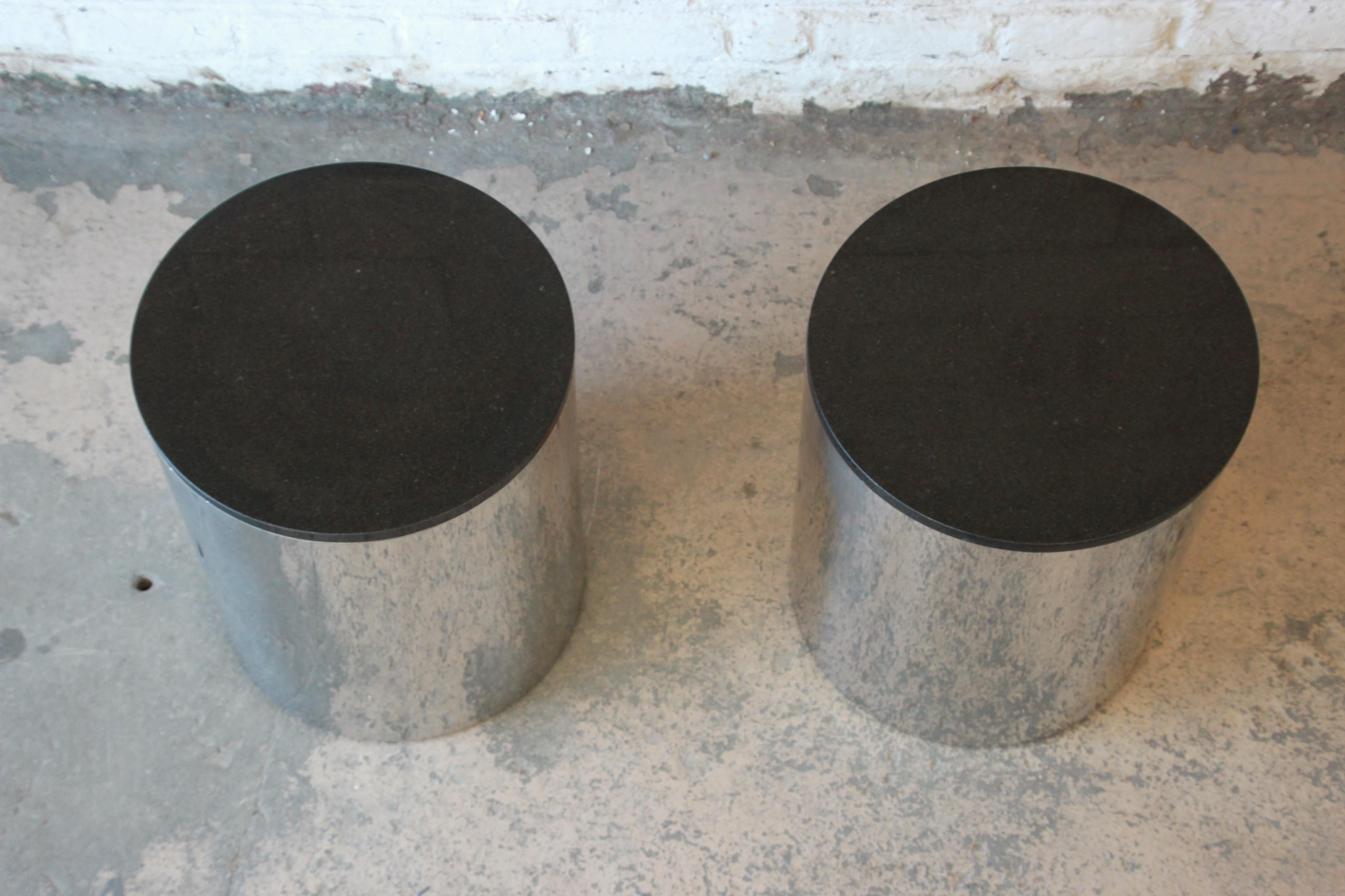 Late 20th Century Paul Mayen for Habitat Polished Aluminum and Black Granite Drum End Tables, Pair