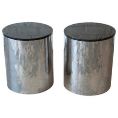 Paul Mayen for Habitat Polished Aluminum and Black Granite Drum End Tables, Pair