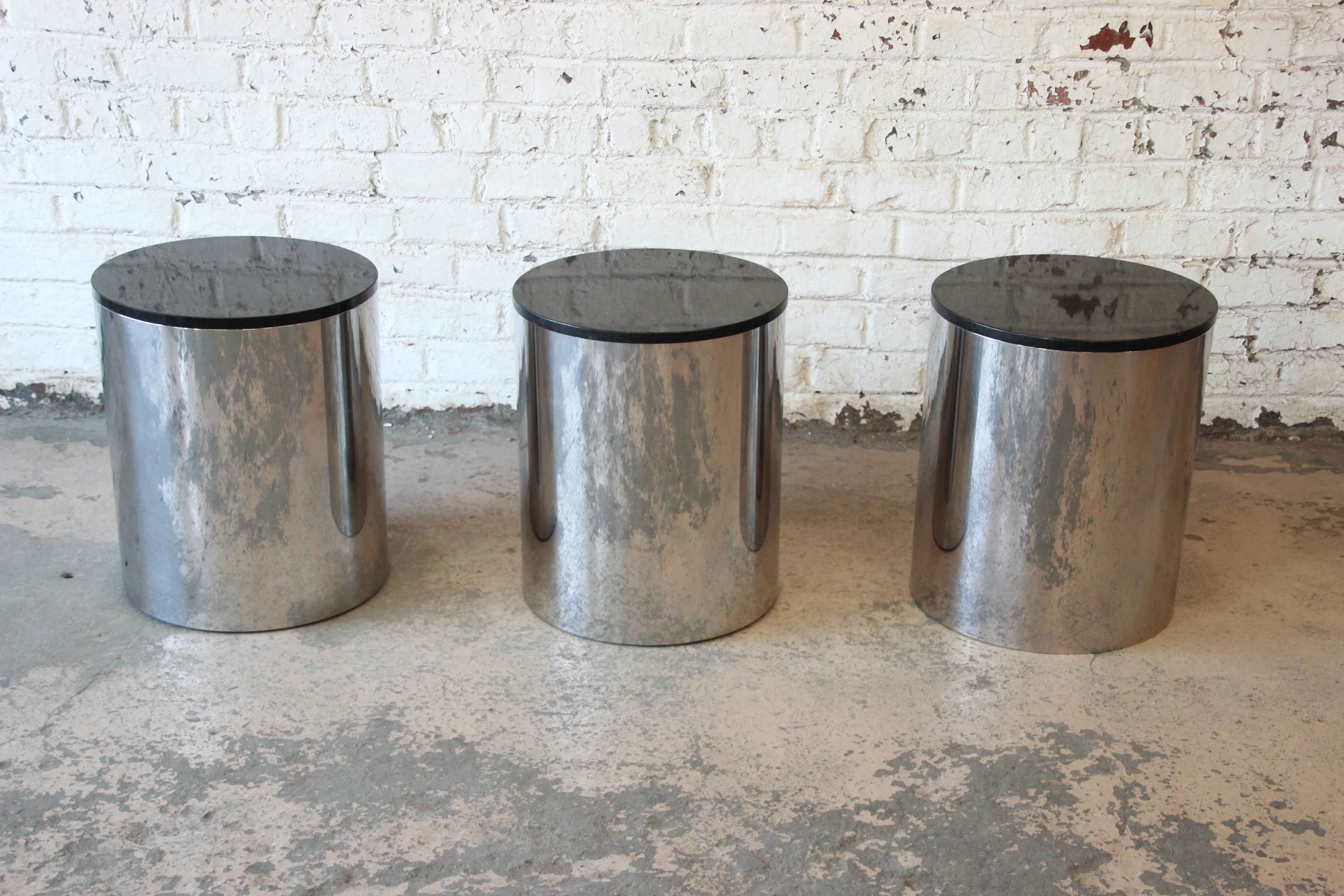 Mid-Century Modern Paul Mayen for Habitat Polished Aluminum and Black Granite Drum Side Tables