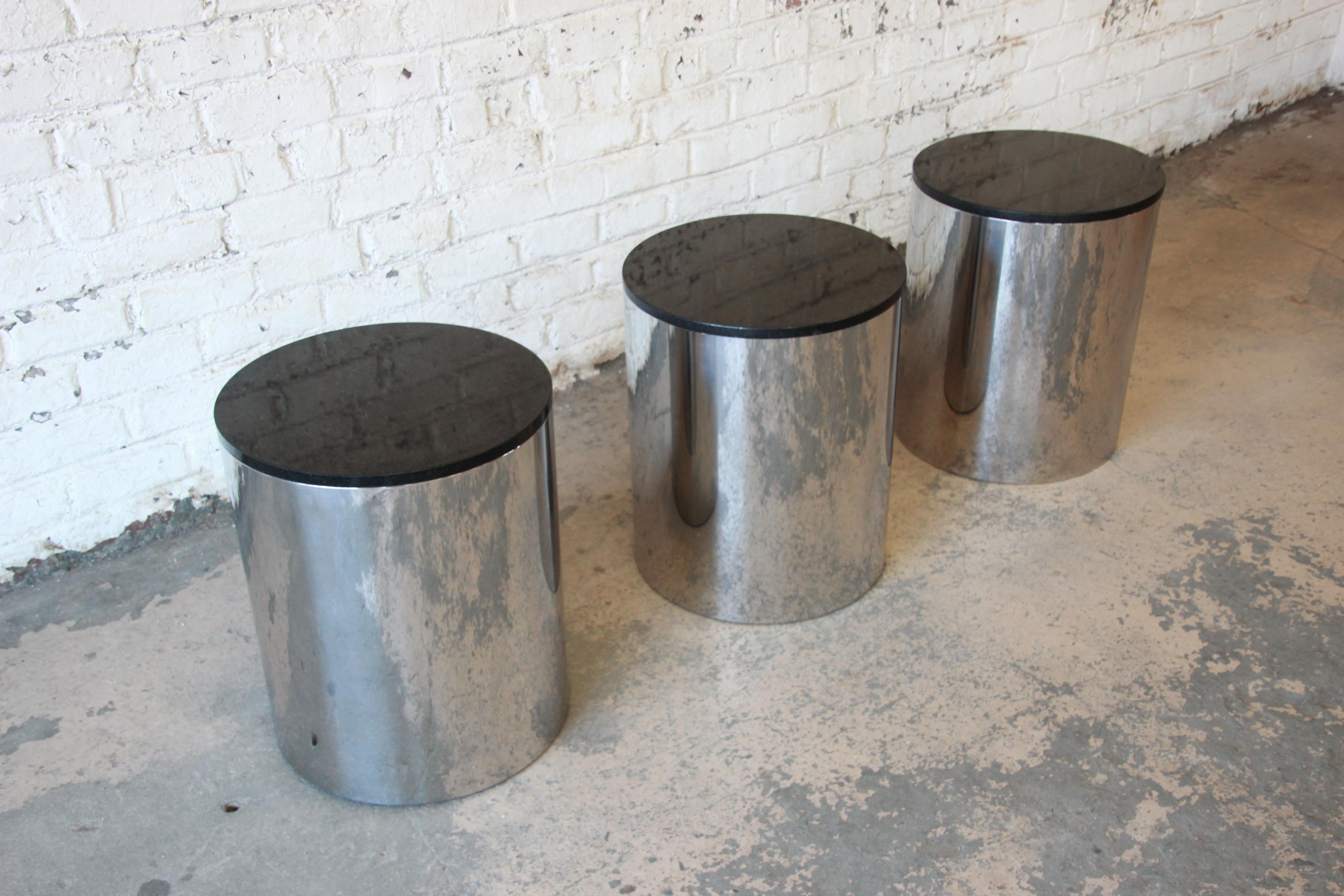 American Paul Mayen for Habitat Polished Aluminum and Black Granite Drum Side Tables