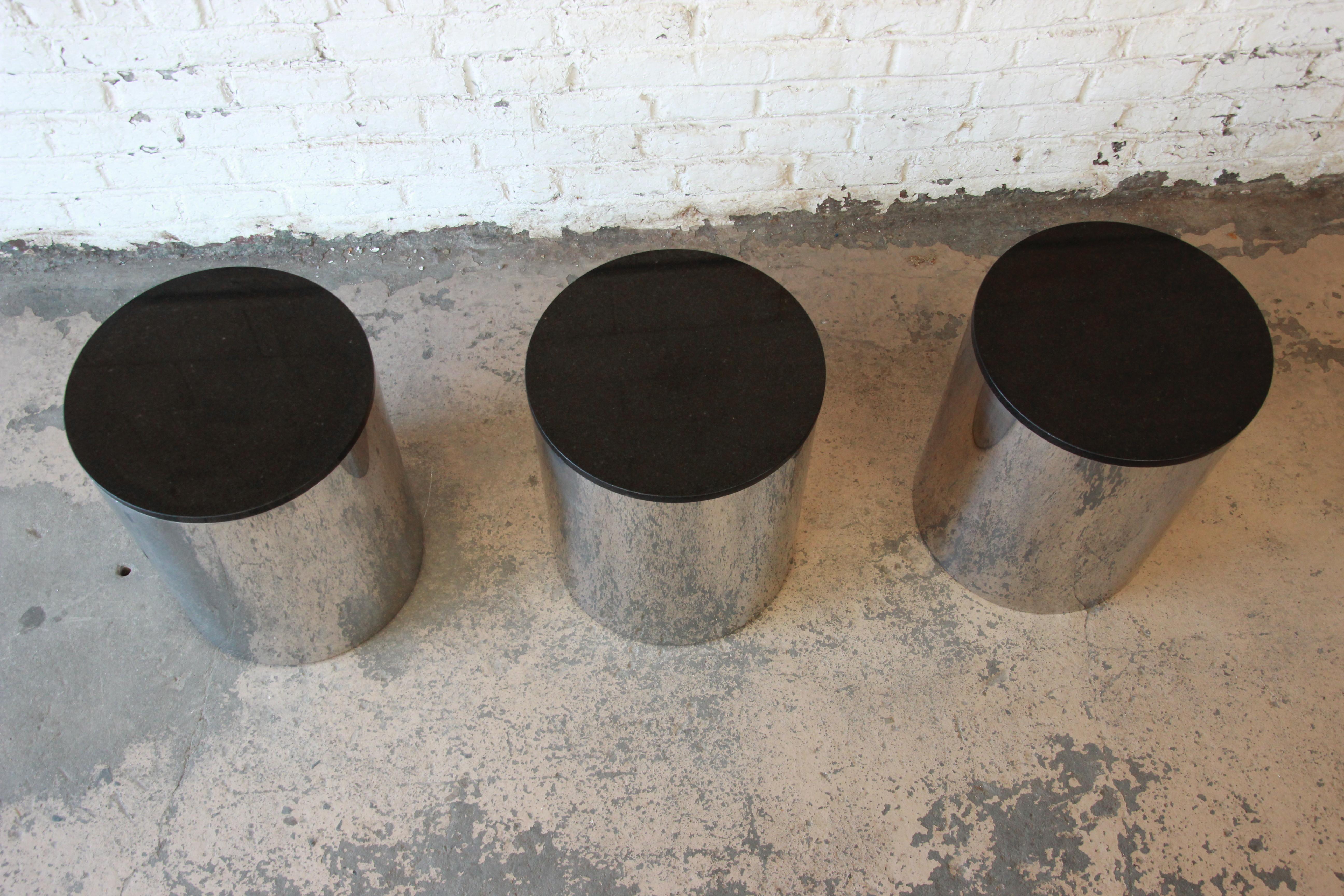 Paul Mayen for Habitat Polished Aluminum and Black Granite Drum Side Tables In Good Condition In South Bend, IN