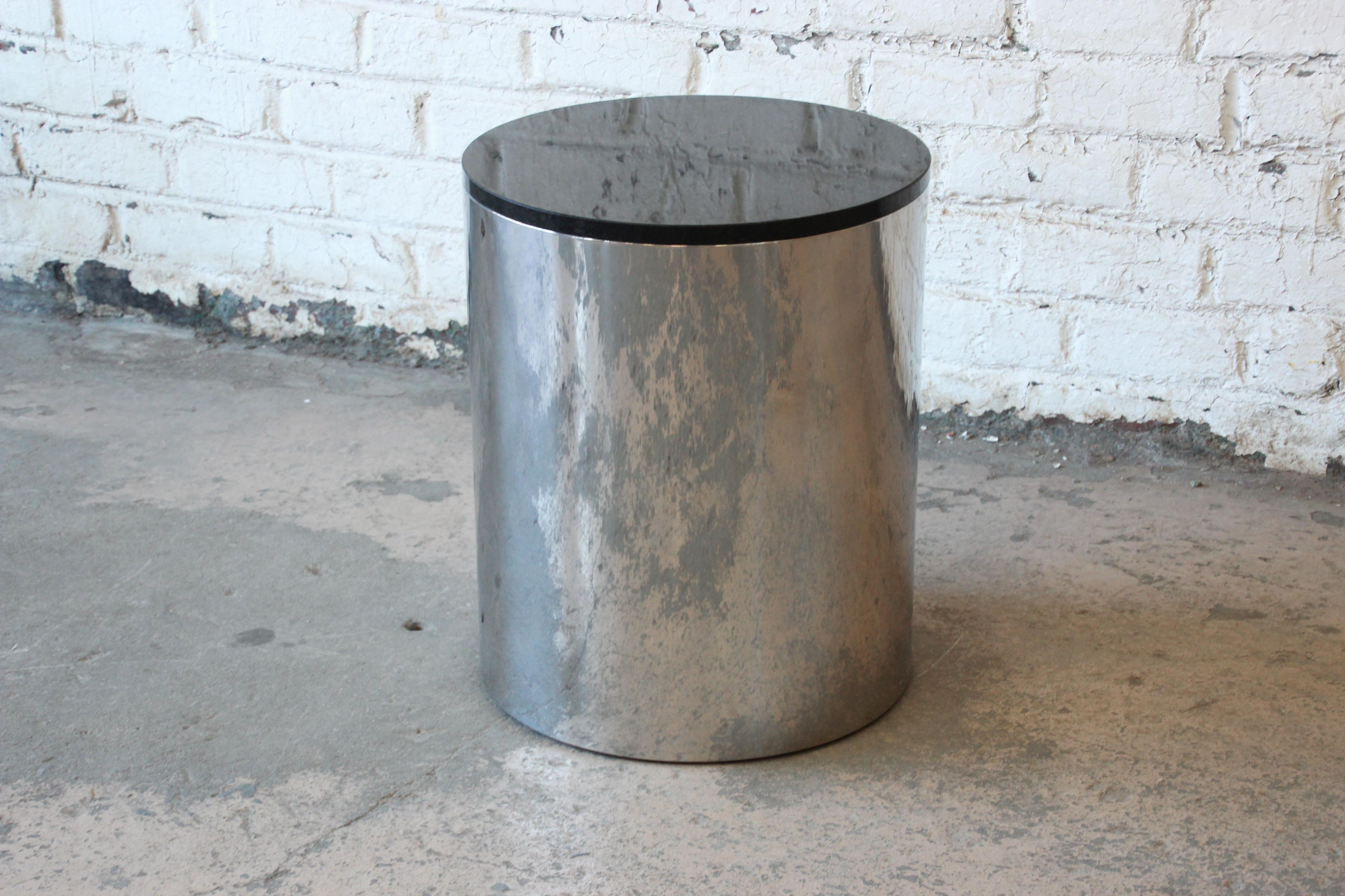 Late 20th Century Paul Mayen for Habitat Polished Aluminum and Black Granite Drum Side Tables