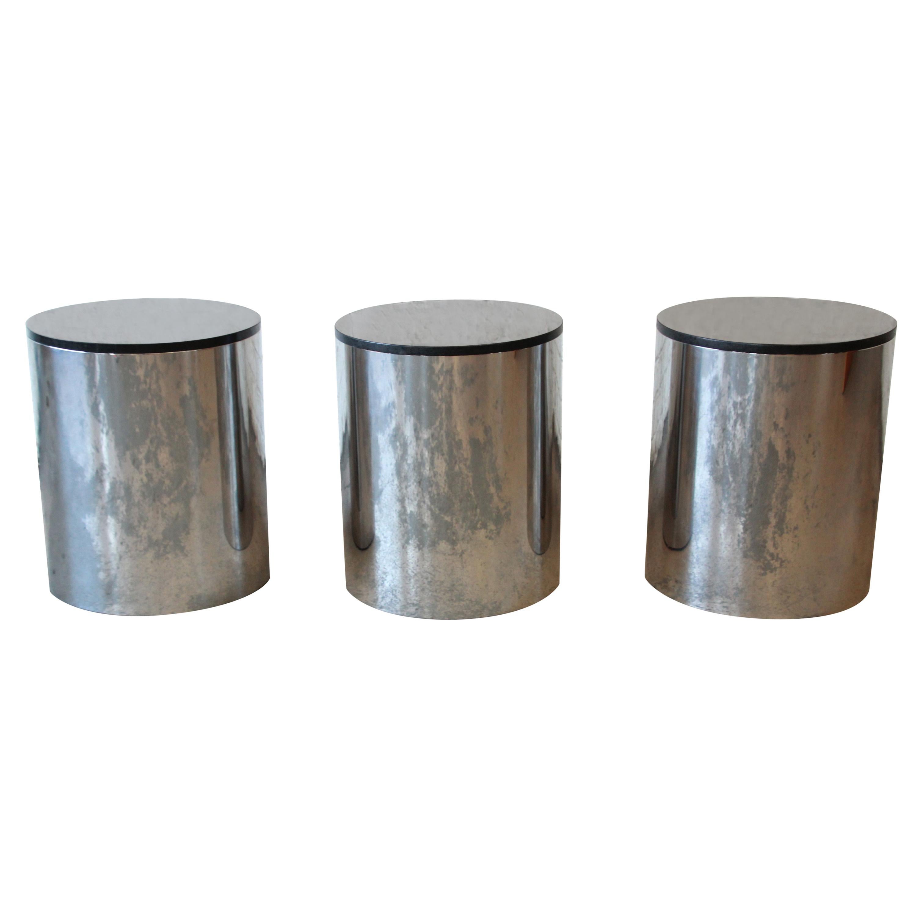 Paul Mayen for Habitat Polished Aluminum and Black Granite Drum Side Tables