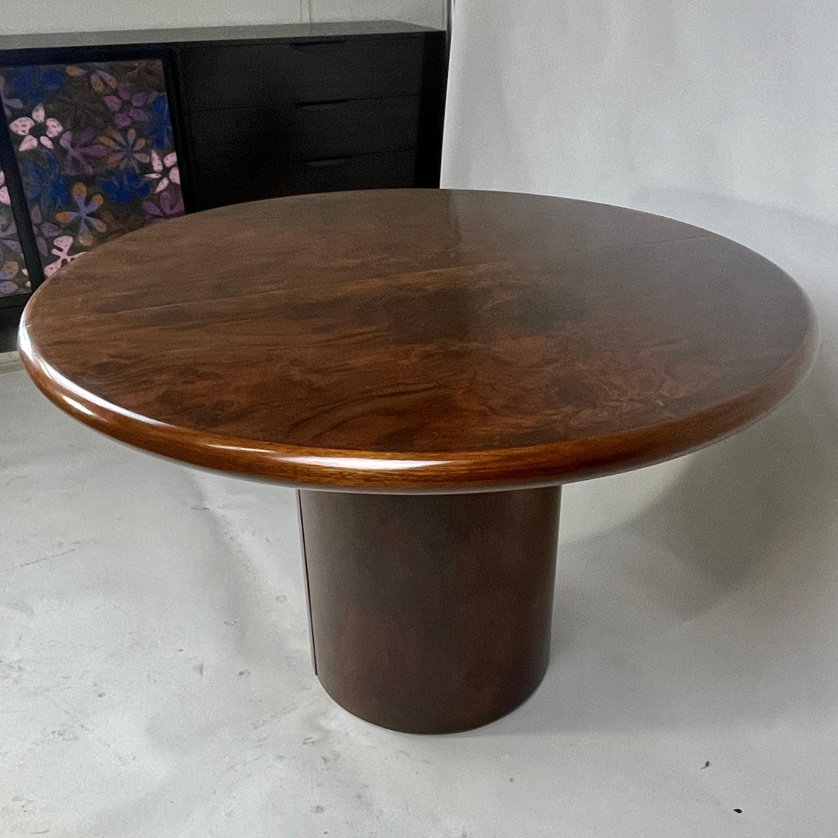 Absolutely stunning freshly refinished Burled mahogany table designed by Paul Mayen for Intrex. Smart simple cylindrical shape leaves all the detail in the natural beauty of the amazing action on this exemplary example of a rare burled mahogany. The