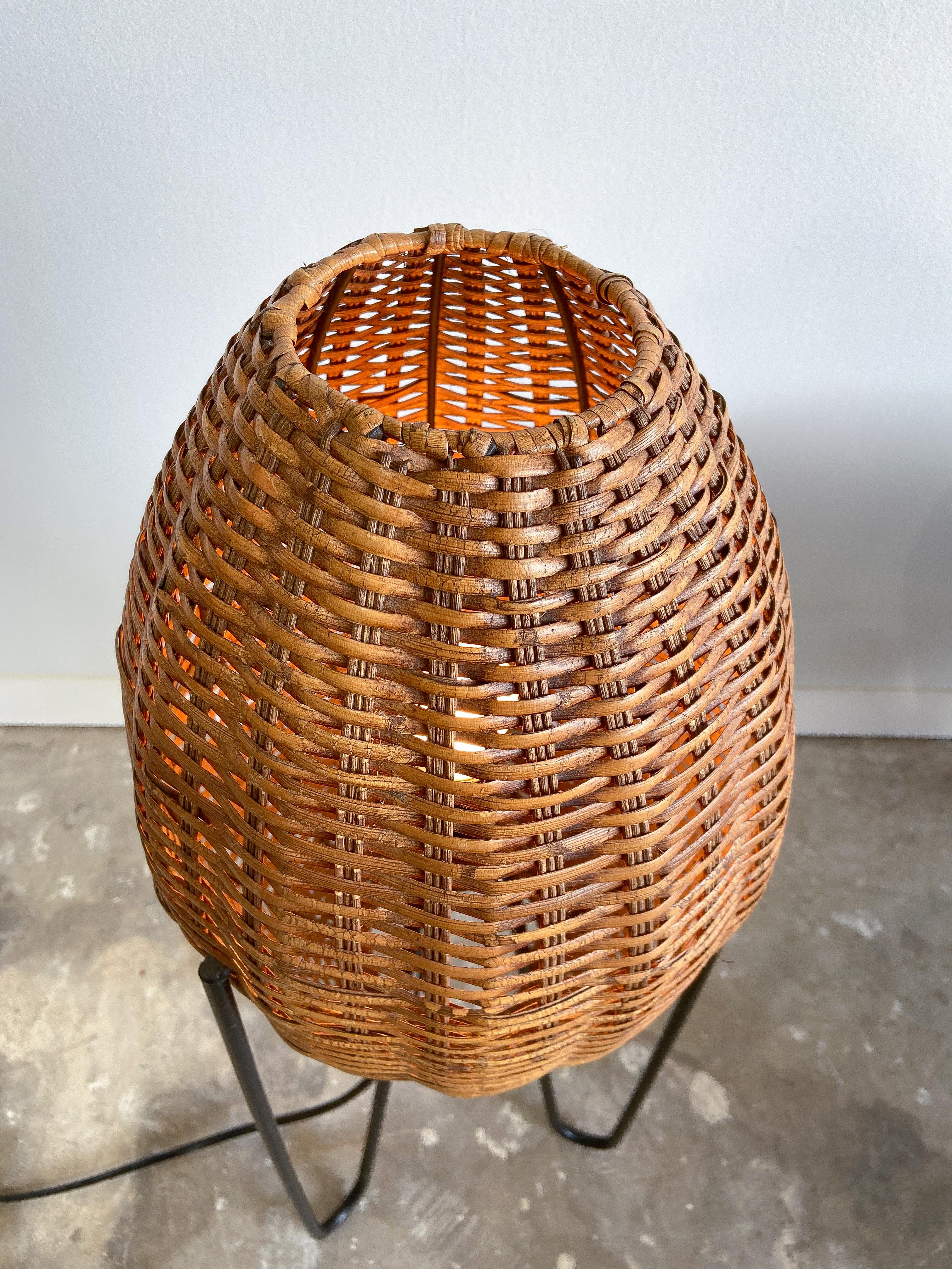 American Paul Mayén Large Scale Table Lamp, Wicker and Enameled Steel, 1960s