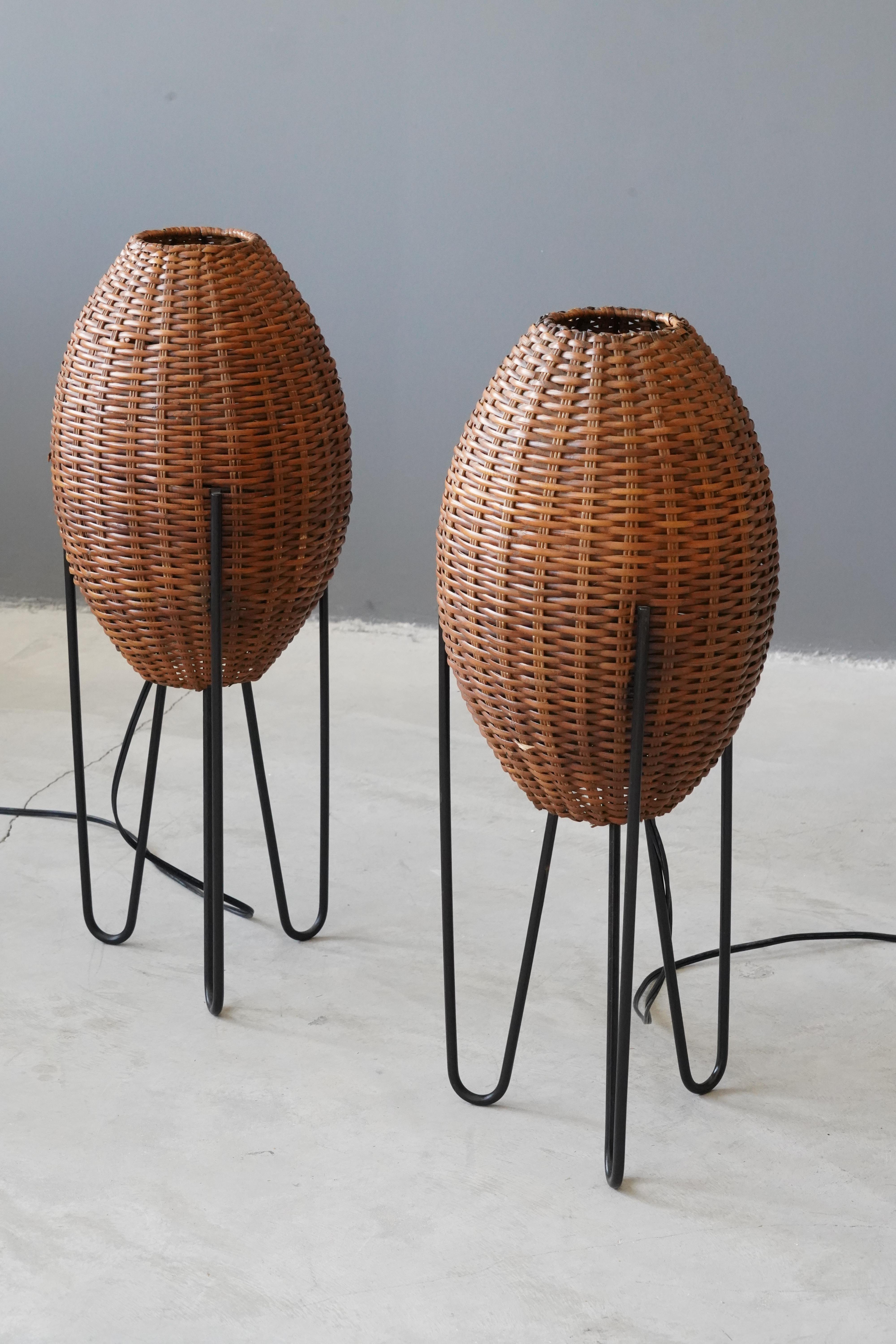 American Paul Mayén, Large Table Lamps, Wicker, Enameled Metal, United States, c. 1965