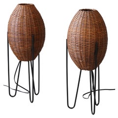 Paul Mayén, Large Table Lamps, Wicker, Enameled Metal, United States c. 1965