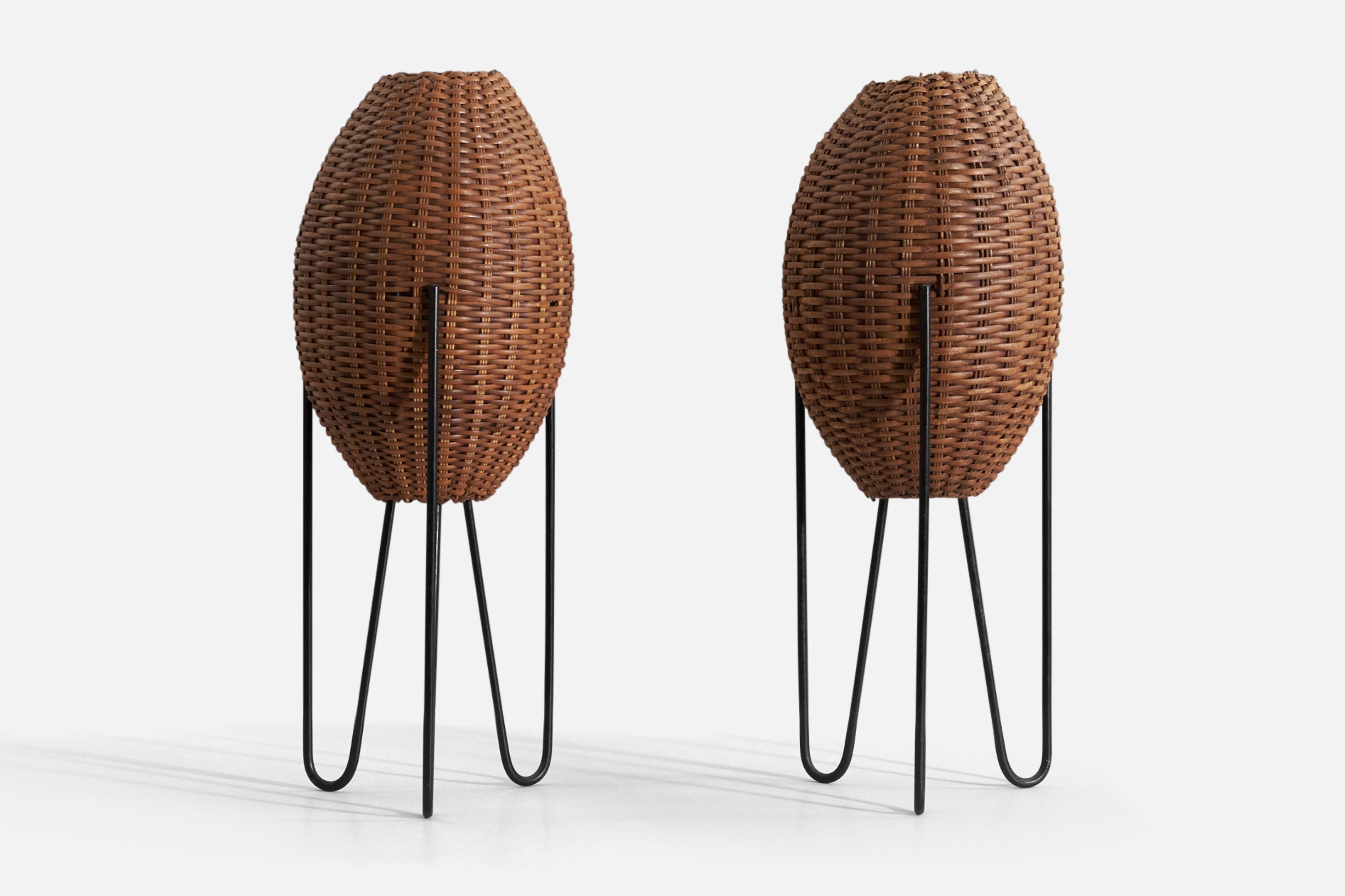 Paul Mayén, Large Table Lamps, Wicker, Enameled Metal, United States, c. 1965