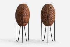 Retro Paul Mayén, Large Table Lamps, Wicker, Enameled Metal, United States, c. 1965