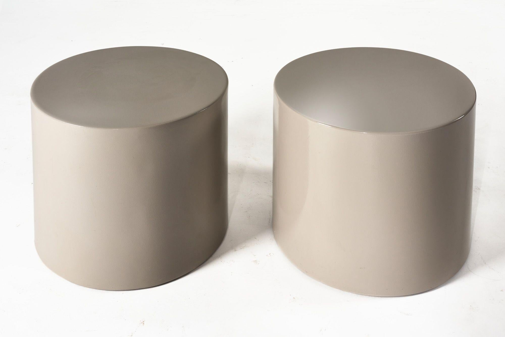 Paul Mayen pair gray drum side/end tables, 1970.