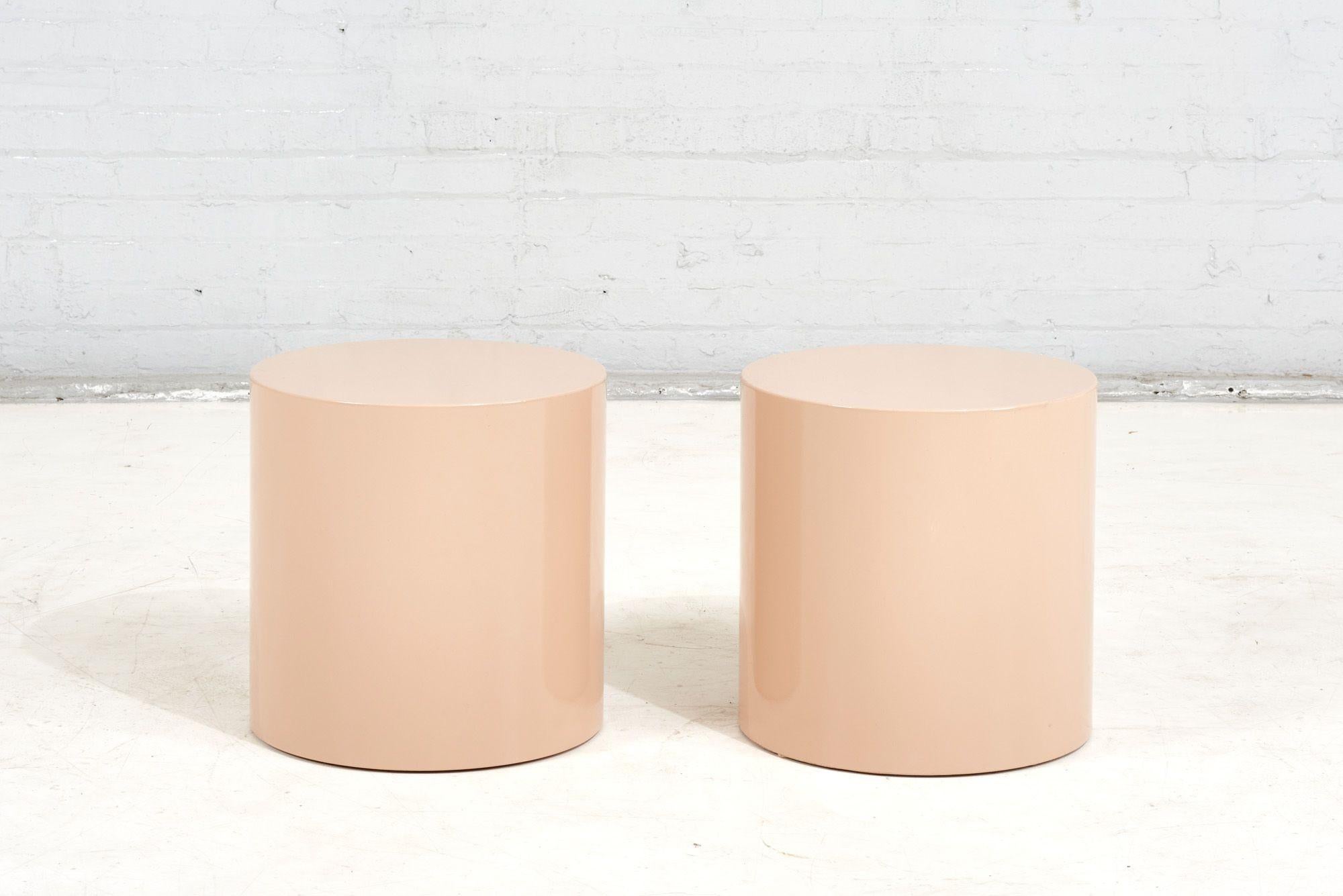 Paul Mayen pair Tan drum side/end tables, 1970. Tables have been restored and relacquered in tan.

