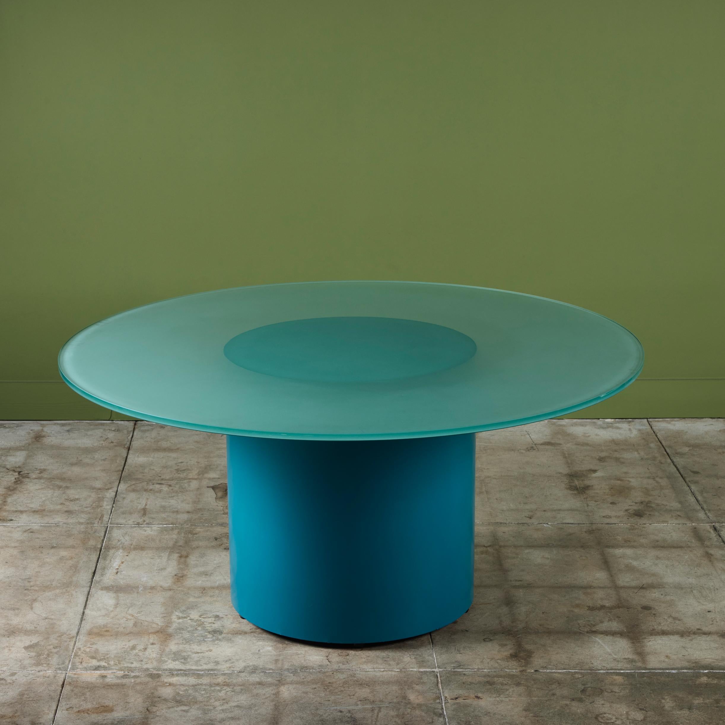 Paul Mayen Style Postmodern Glass Top Drum Dining Table In Good Condition In Los Angeles, CA