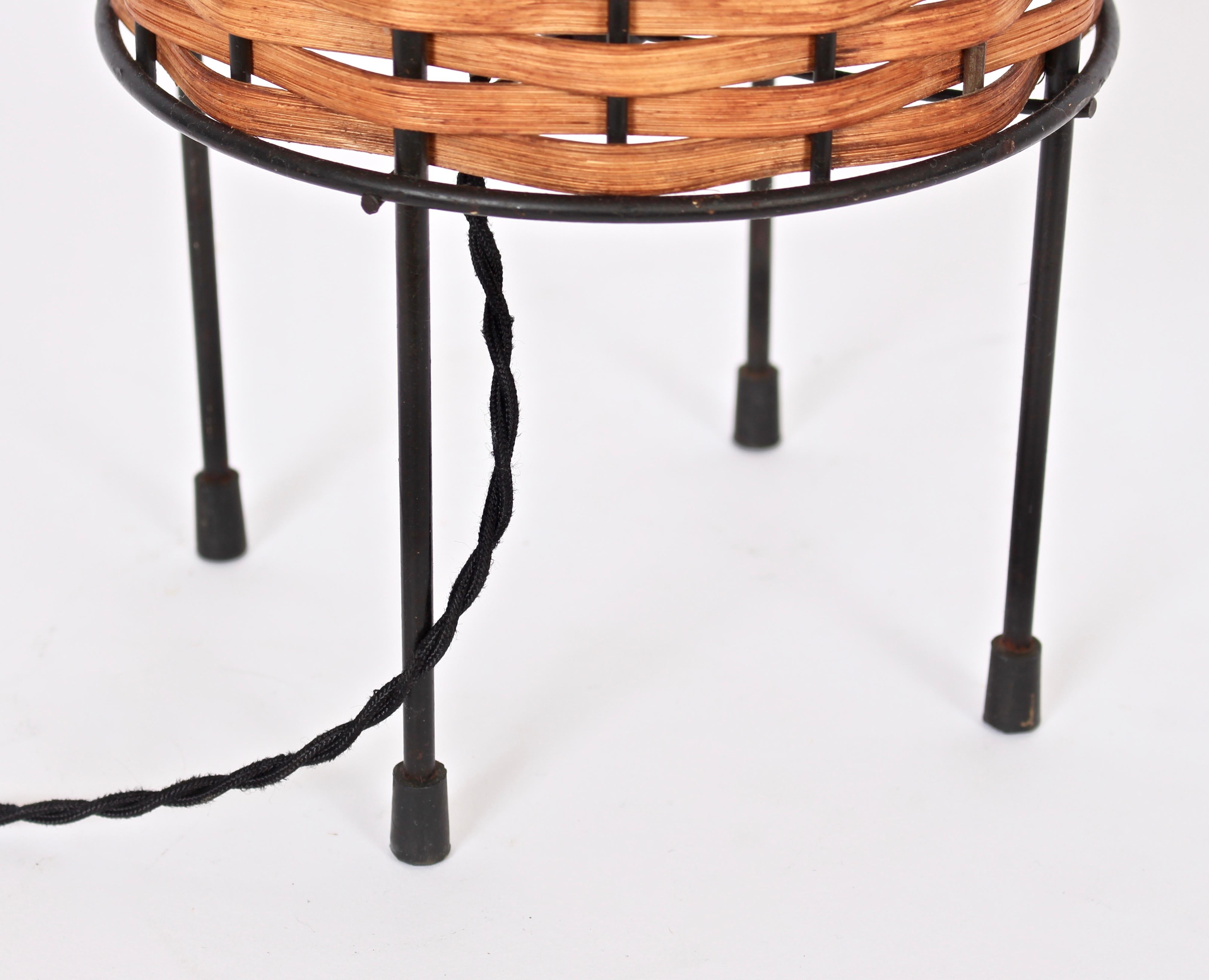Enameled Paul Mayen Black Wire & Woven Oak Splint Table Lamp, circa 1960