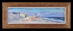Vintage 'Children on the Beach, Fisher Island USA'  Oil painting on board