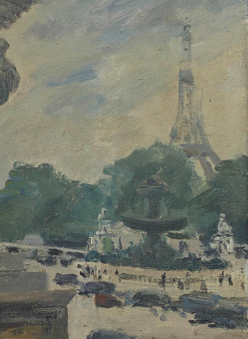 'The Eiffel Tower from the Tuileries' Modern British Impressionist oil painting (Grau), Landscape Painting, von Paul Maze