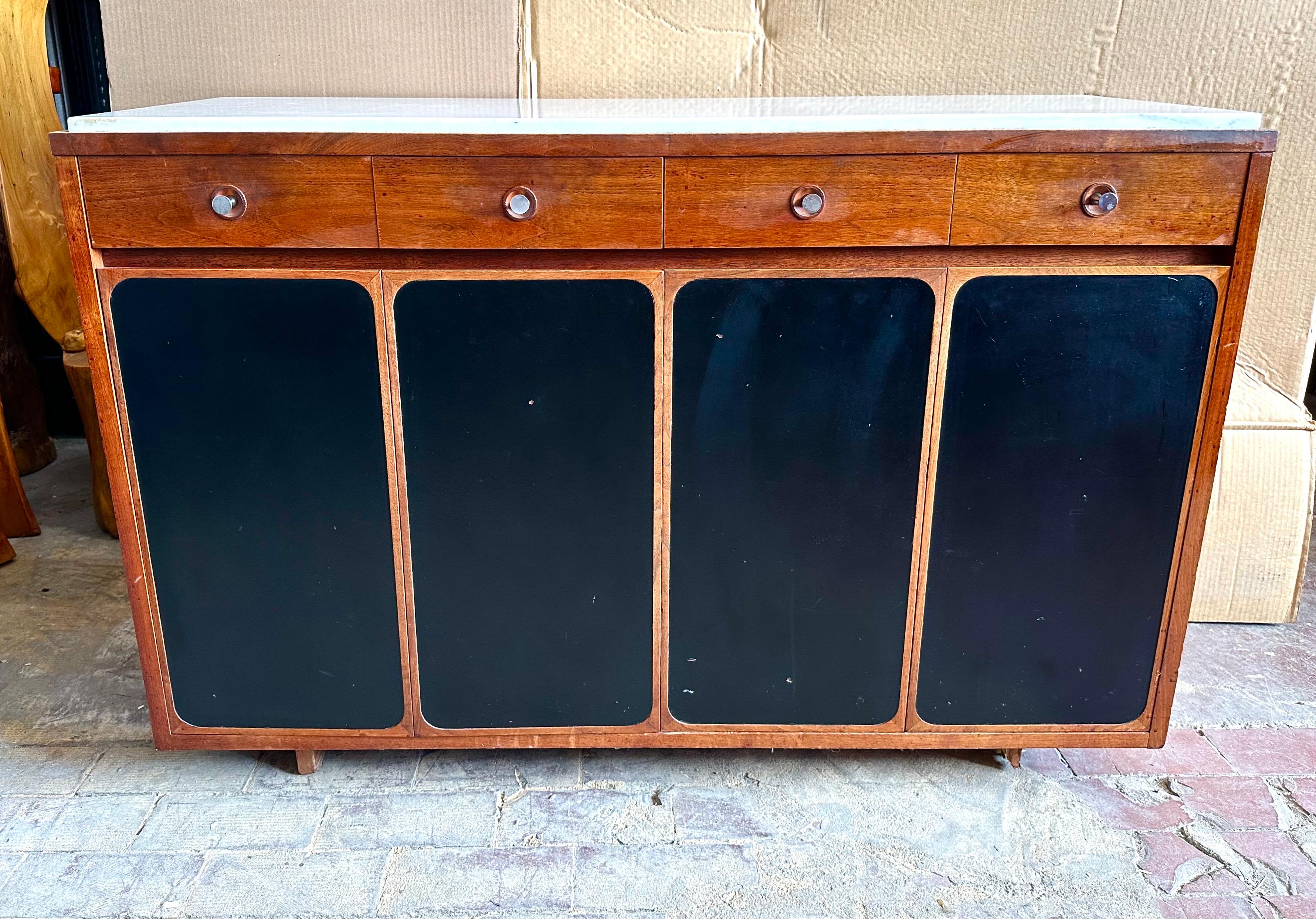 Mid-Century Modern Paul McCobb, (2) Rare Marble, Walnut and Leather Sideboards or Commodes For Sale