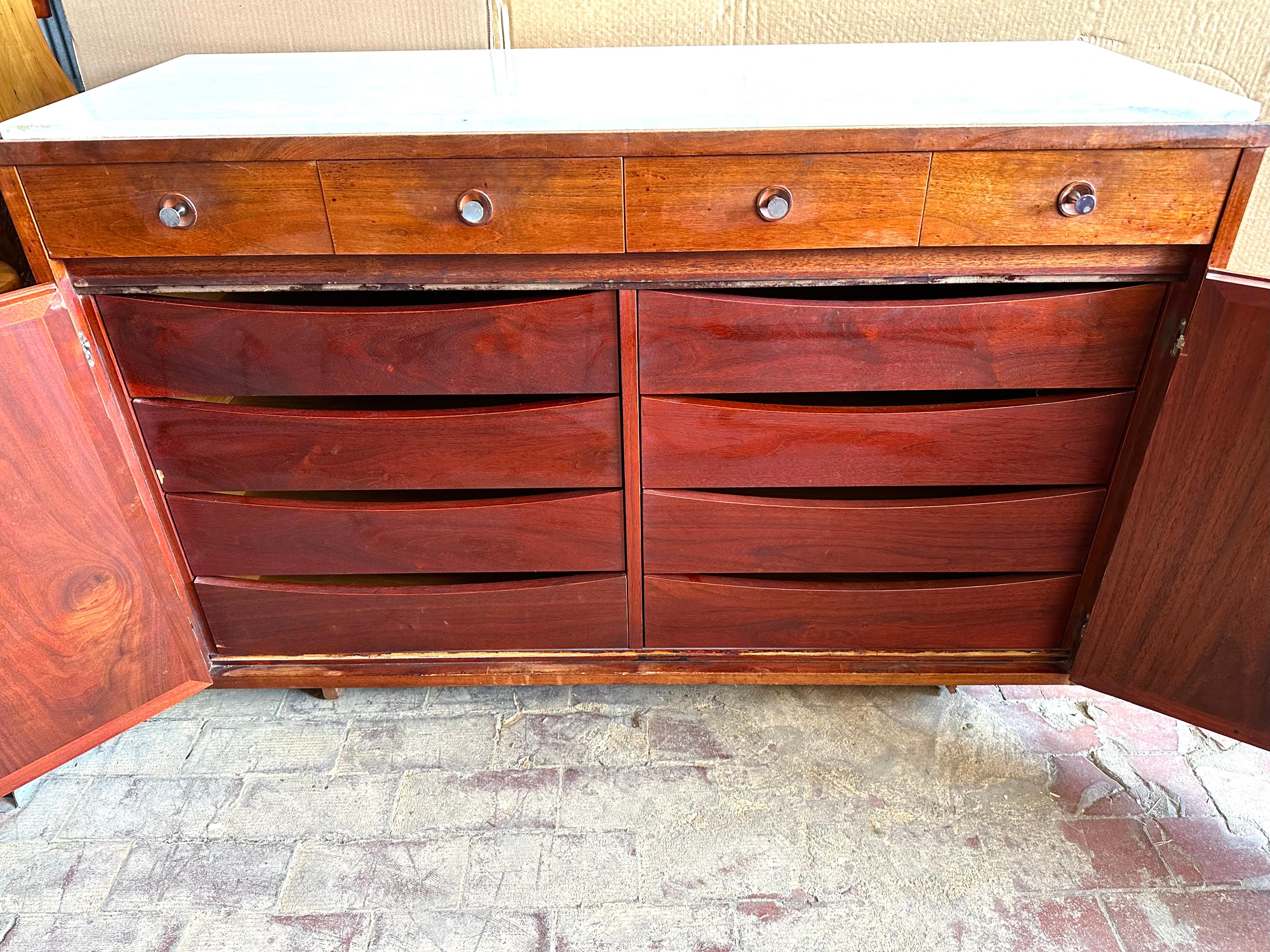 American Paul McCobb, (2) Rare Marble, Walnut and Leather Sideboards or Commodes For Sale