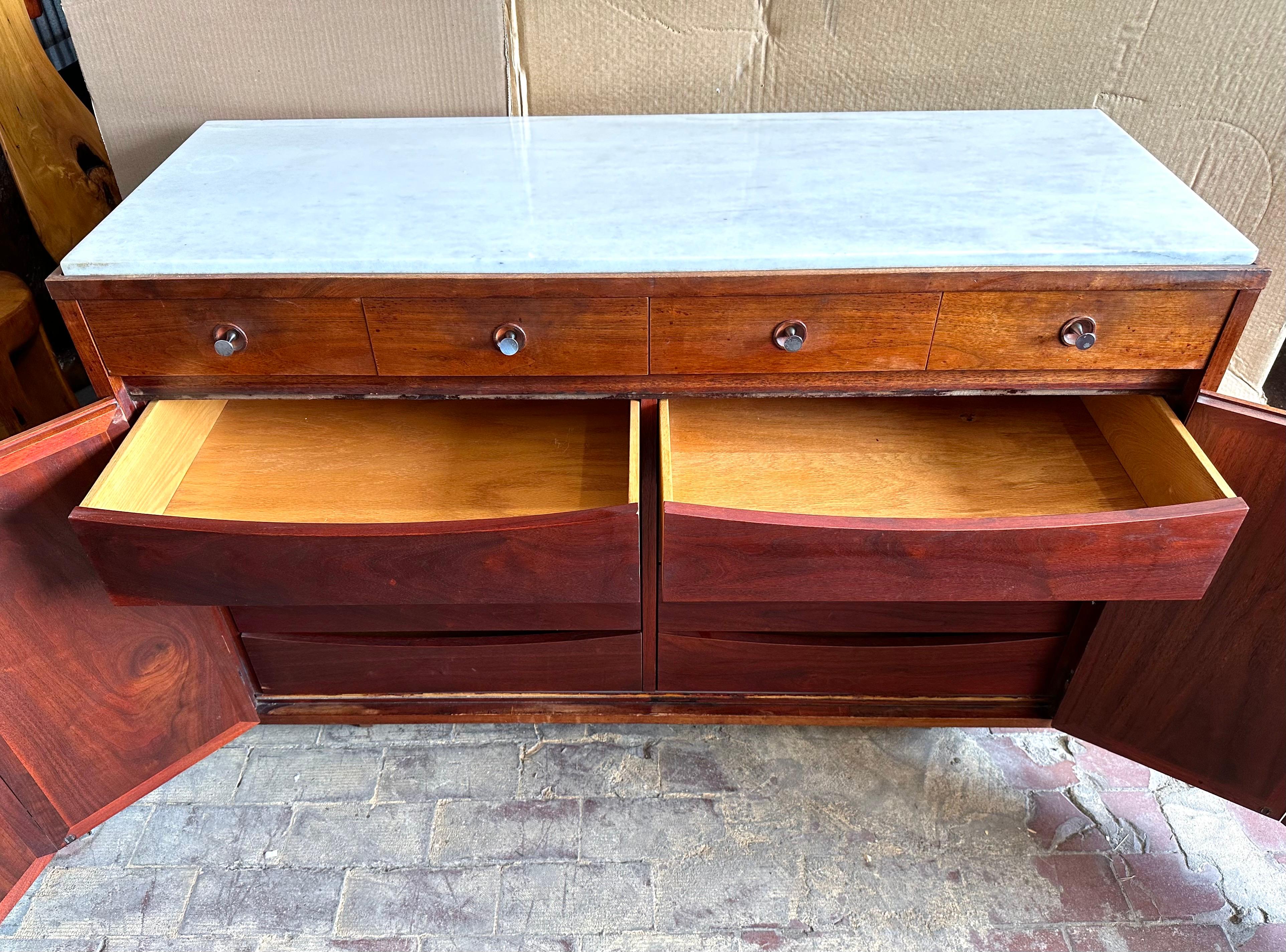 Paul McCobb, (2) Rare Marble, Walnut and Leather Sideboards or Commodes In Good Condition For Sale In Brooklyn, NY