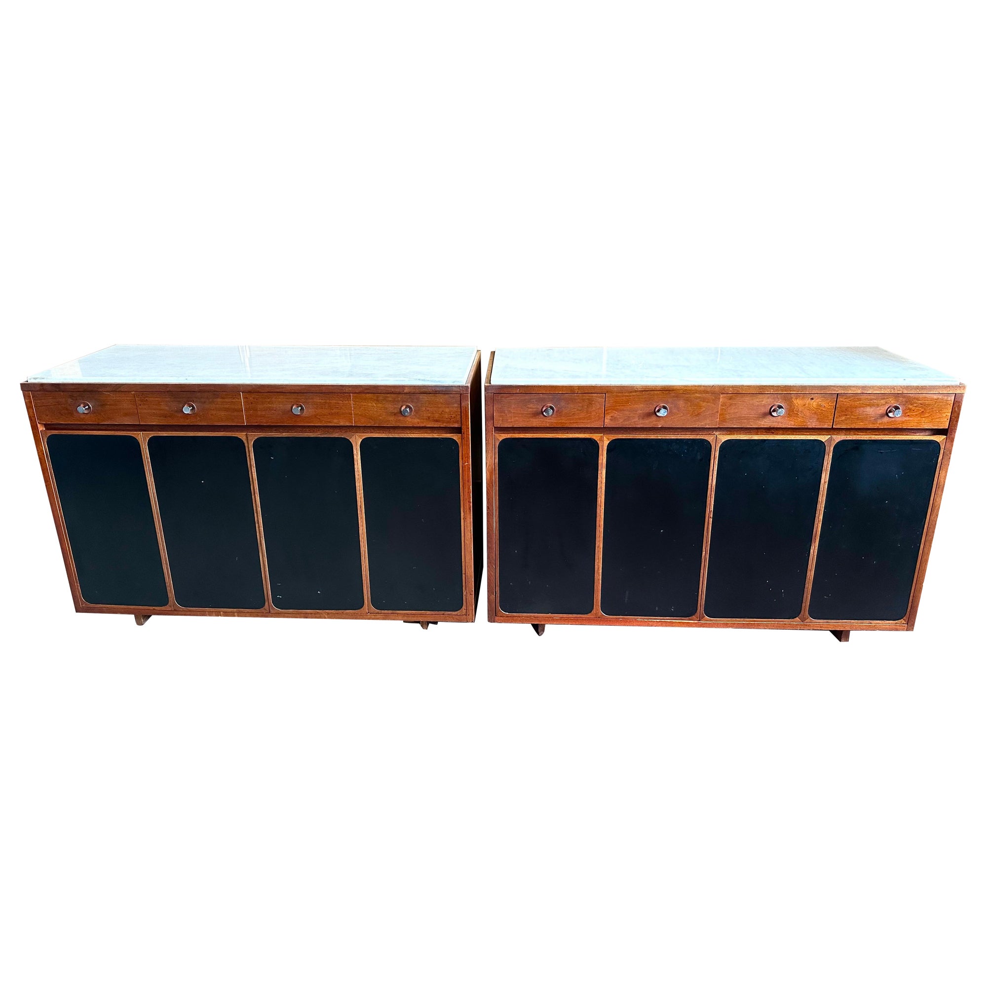 Paul McCobb, (2) Rare Marble, Walnut and Leather Sideboards or Commodes For Sale