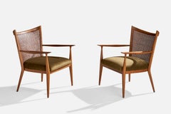 Paul McCobb, Fauteuils, noyer, velours, canne, États-Unis, années 1950