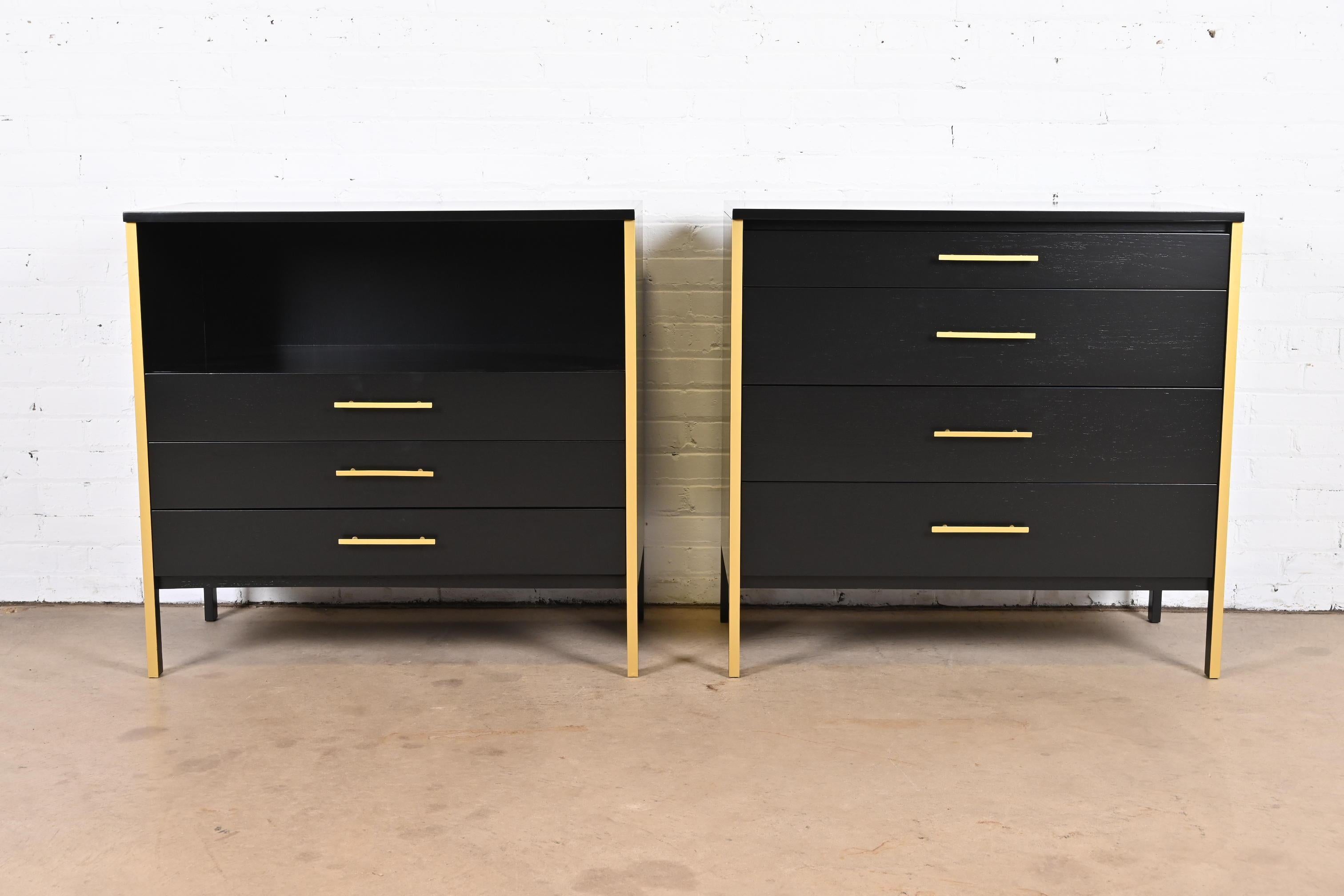 Mid-Century Modern Paul McCobb Black Lacquer and Brass Chests of Drawers, Newly Refinished