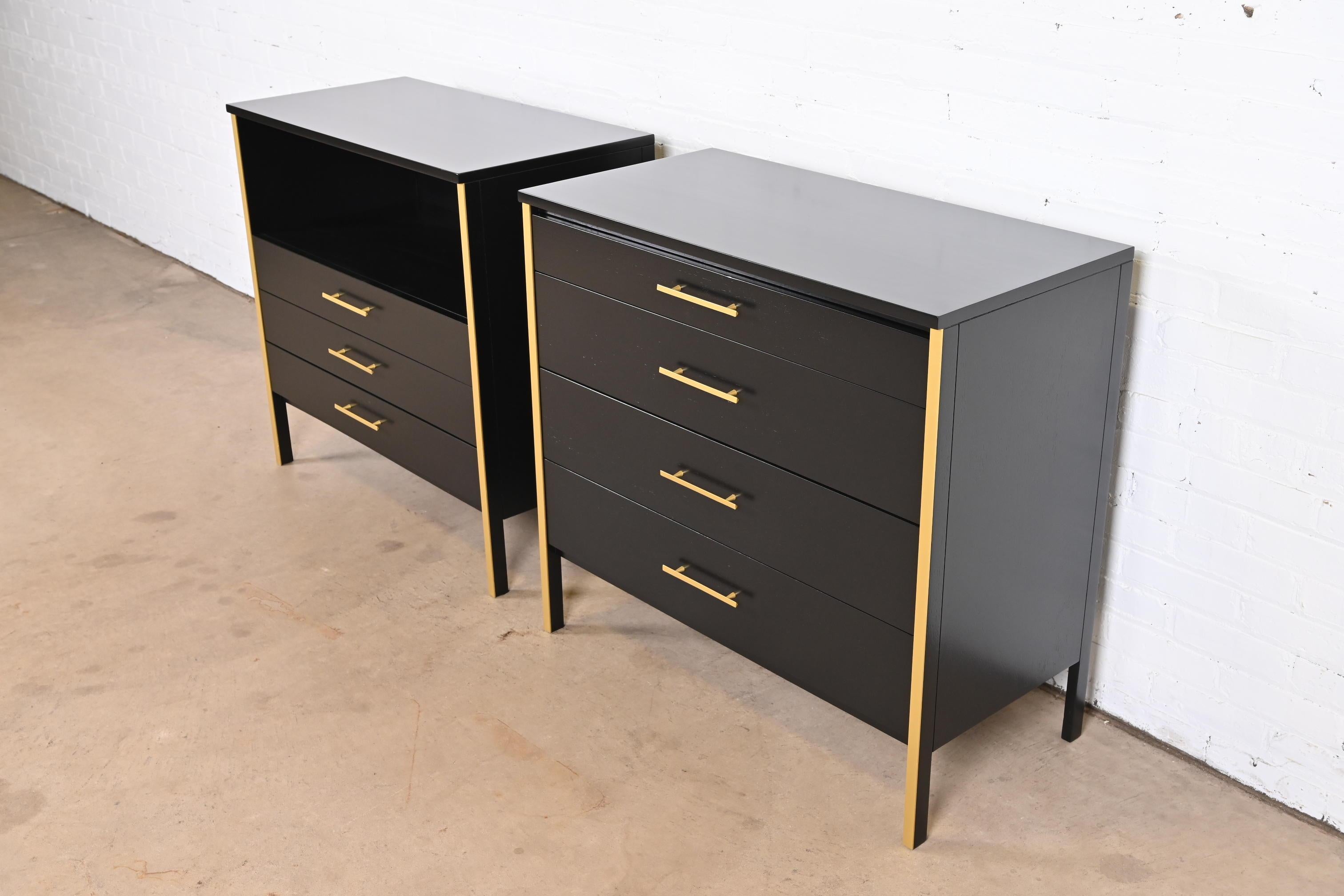 American Paul McCobb Black Lacquer and Brass Chests of Drawers, Newly Refinished