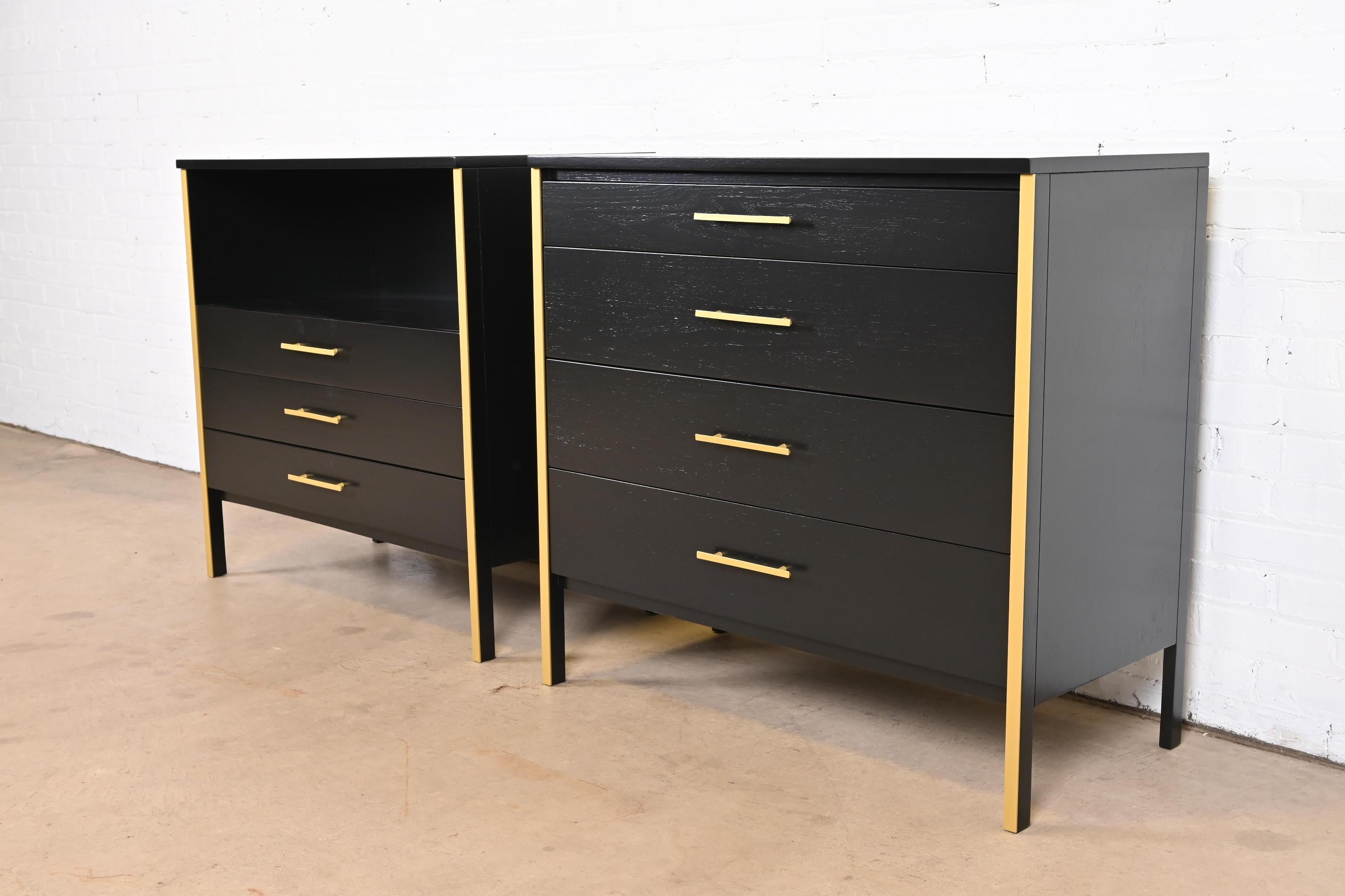 Paul McCobb Black Lacquer and Brass Chests of Drawers, Newly Refinished In Good Condition In South Bend, IN