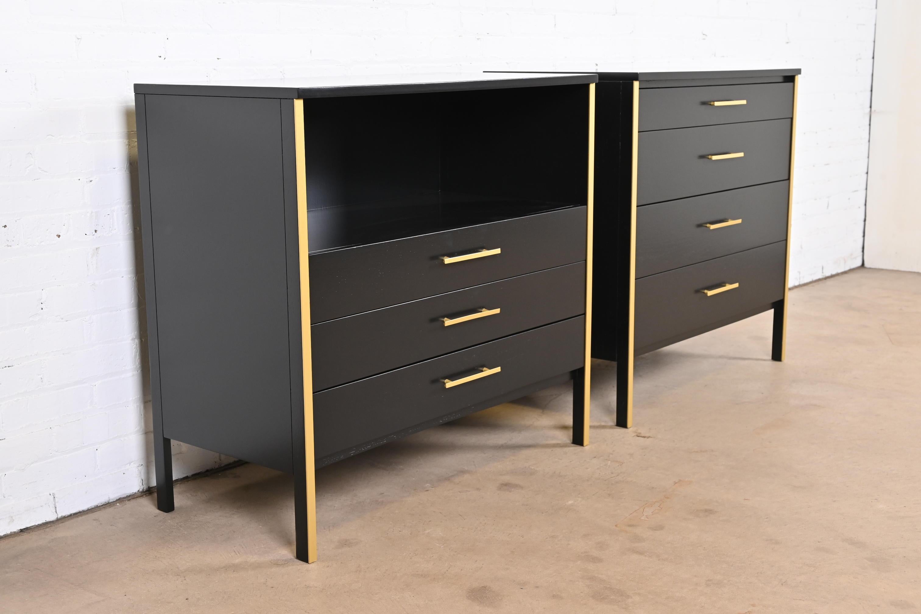 Mid-20th Century Paul McCobb Black Lacquer and Brass Chests of Drawers, Newly Refinished