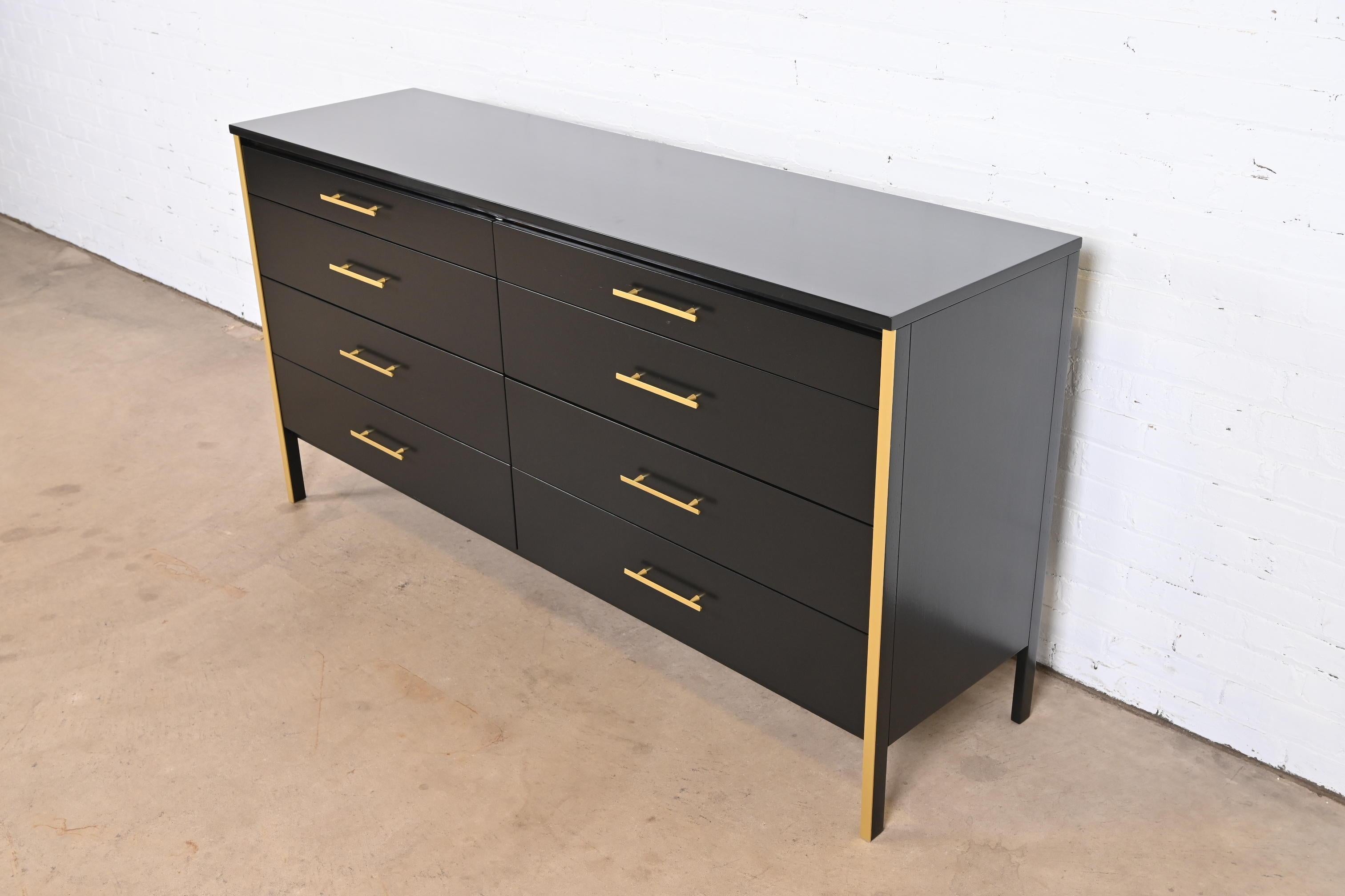 Mid-Century Modern Paul McCobb Black Lacquer and Brass Dresser or Credenza, Newly Refinished For Sale