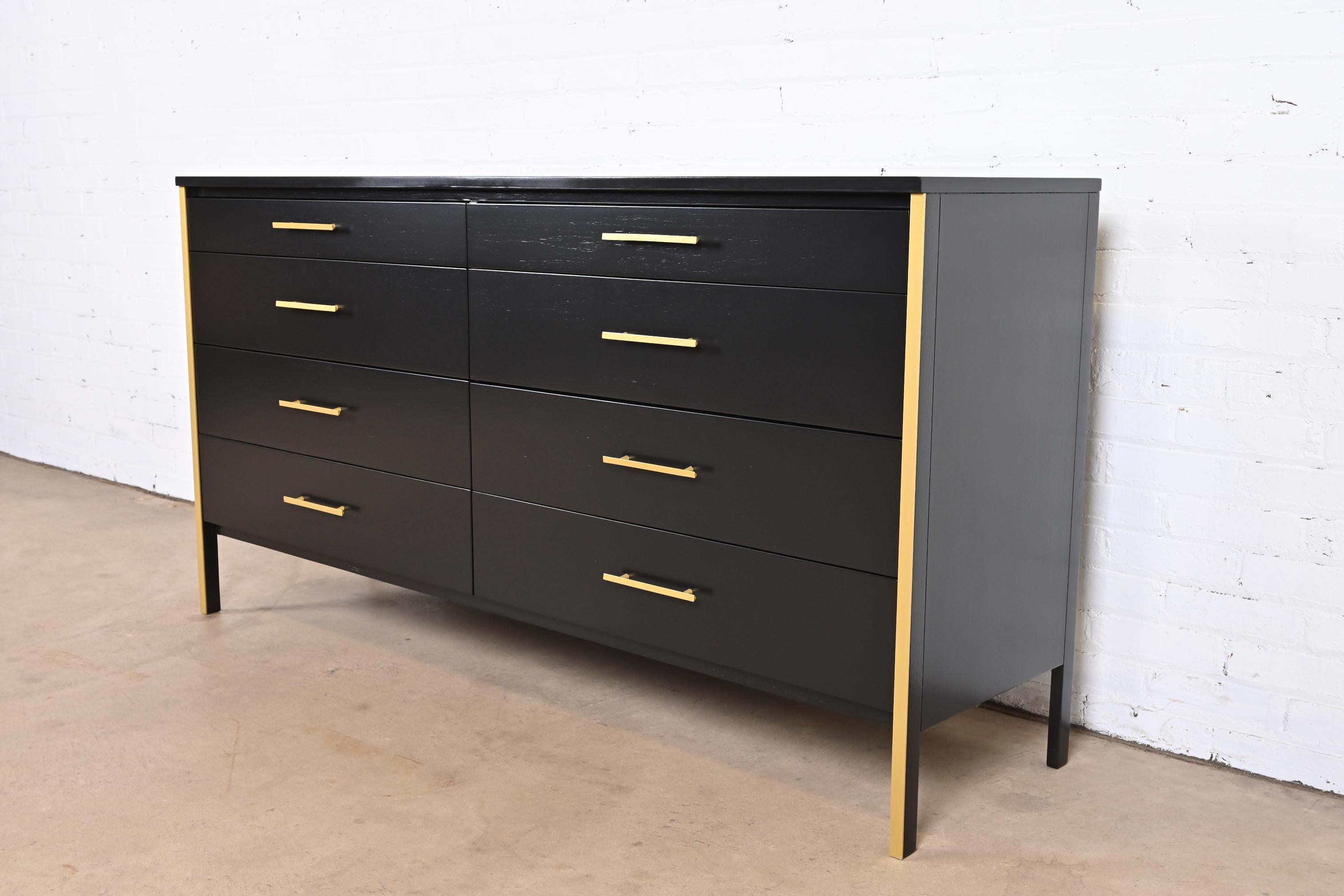American Paul McCobb Black Lacquer and Brass Dresser or Credenza, Newly Refinished For Sale